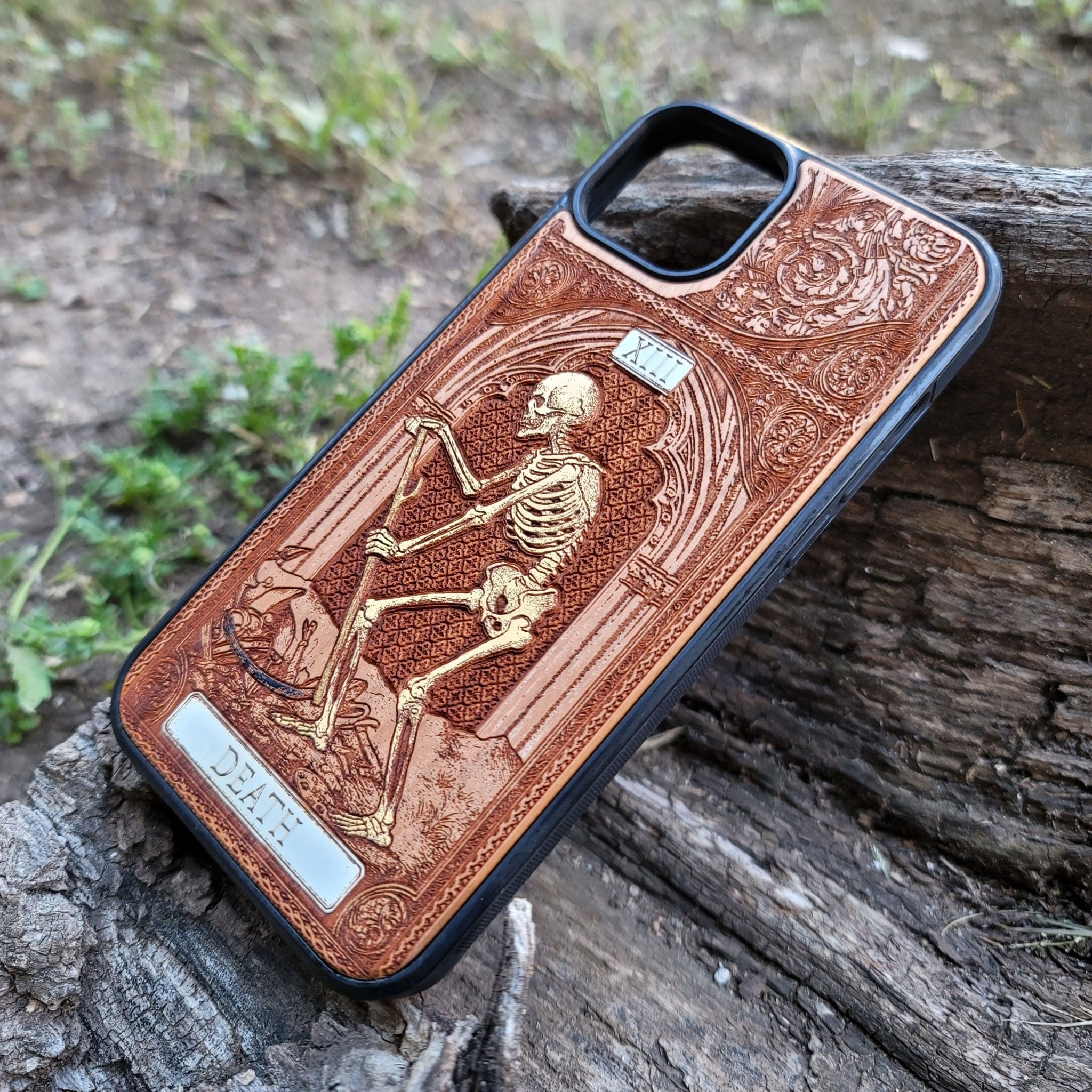 Death tarot wood phone case – engraved & hand-painted for iPhone , Galaxy S – symbolic rebirth and transformation design