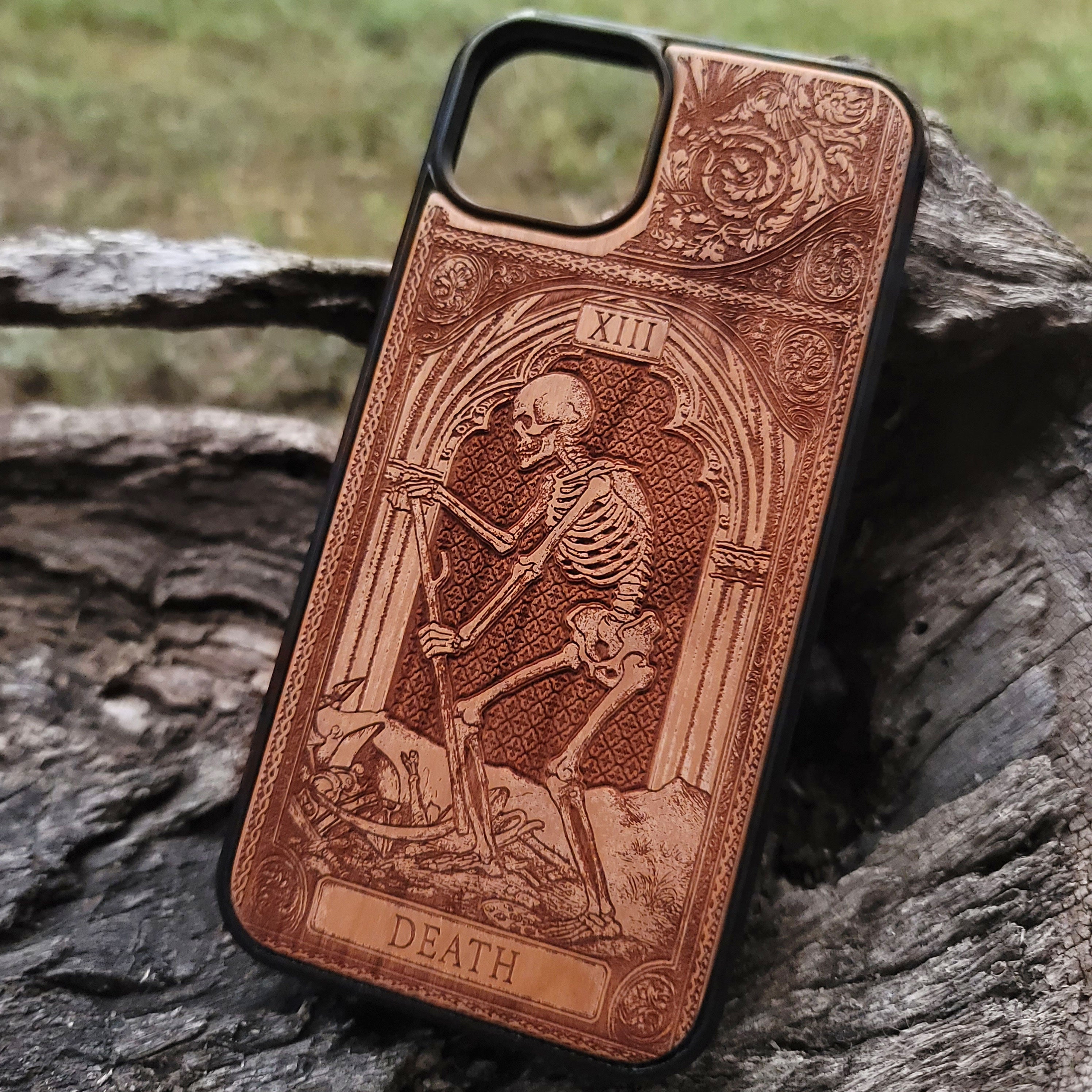 Death tarot wood phone case – engraved & hand-painted for iPhone 16, Galaxy S25 – symbolic rebirth and transformation design