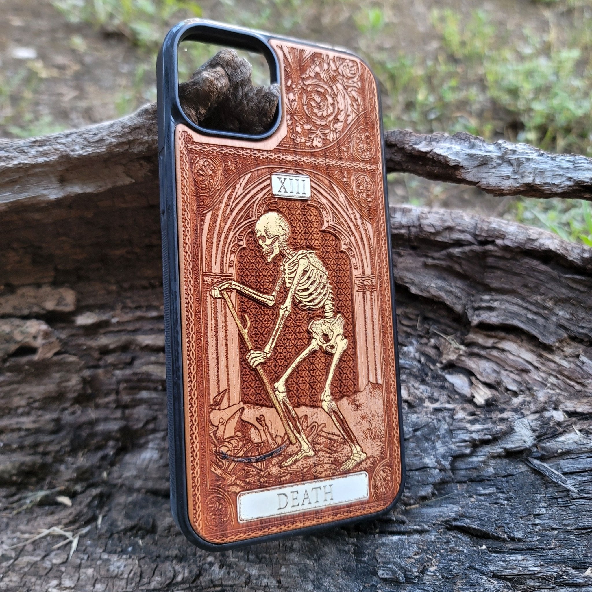 Death tarot wood phone case – engraved & hand-painted for iPhone , Galaxy S – symbolic rebirth and transformation design