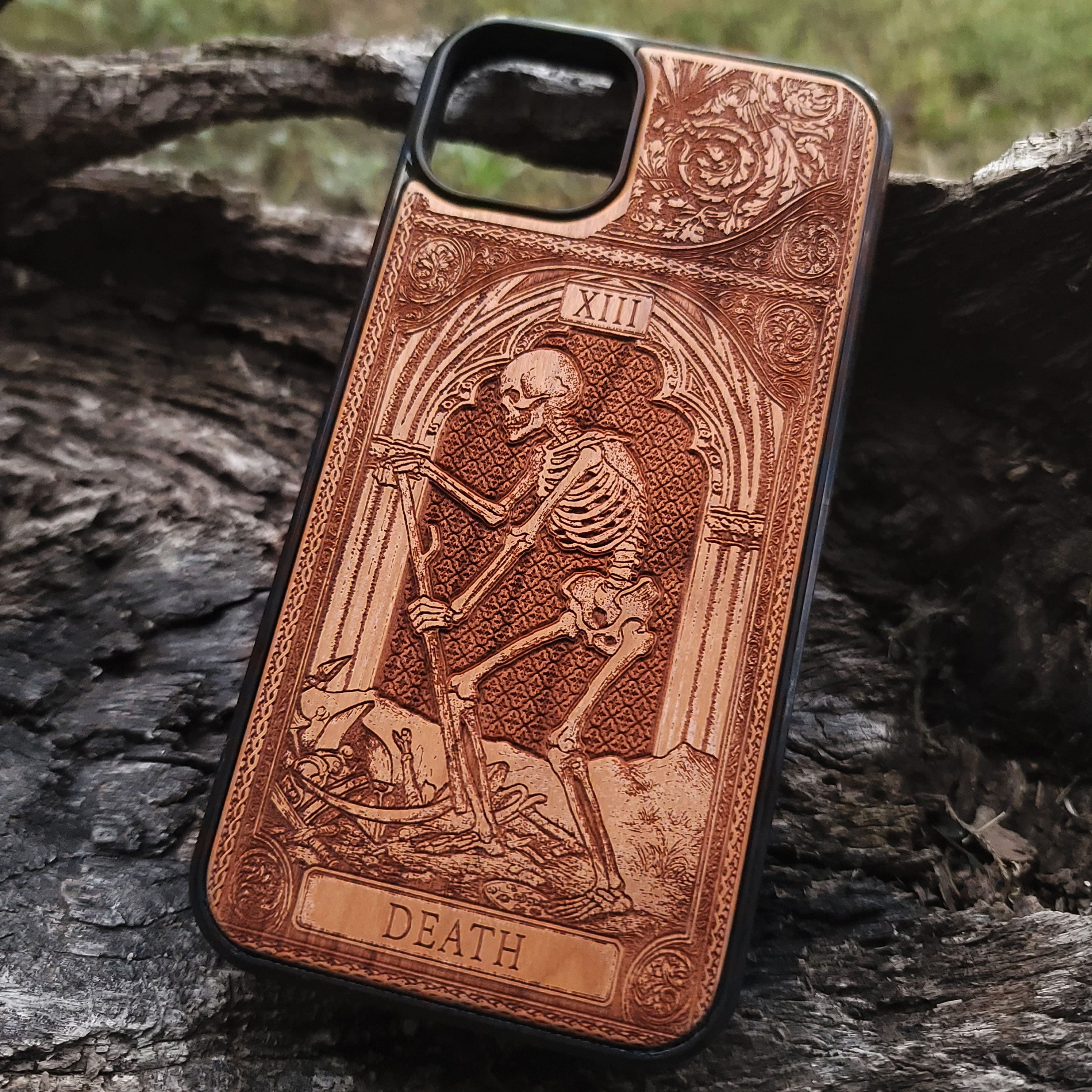Death tarot wood phone case – engraved & hand-painted for iPhone 16, Galaxy S25 – symbolic rebirth and transformation design