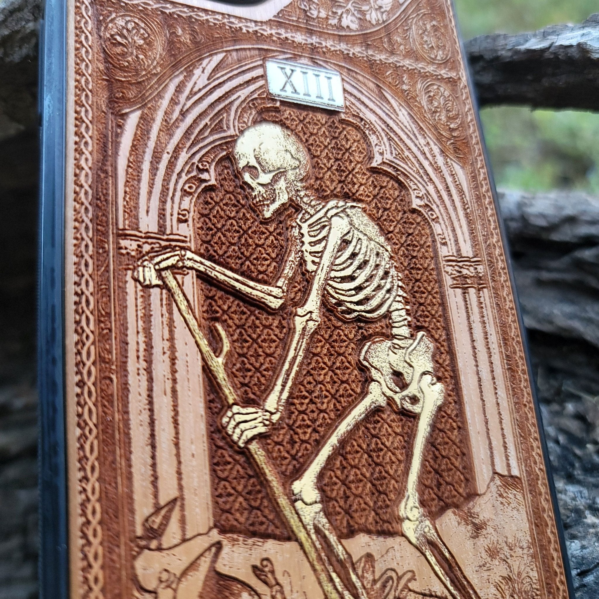 Death tarot wood phone case – engraved & hand-painted for iPhone , Galaxy S – symbolic rebirth and transformation design