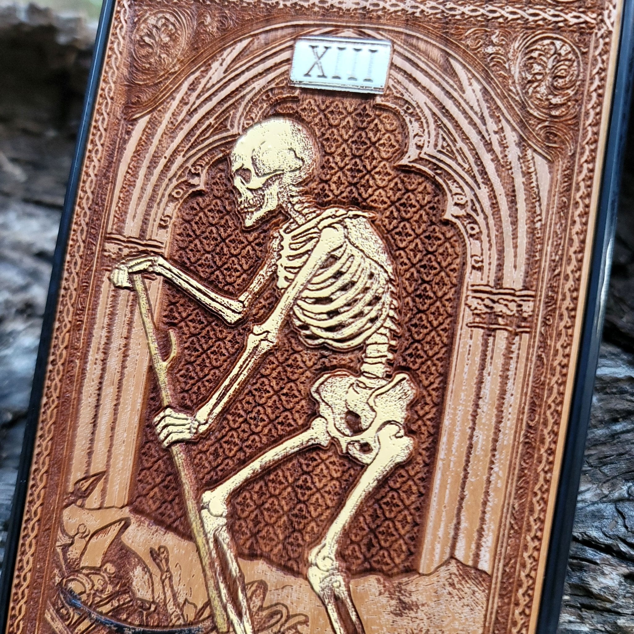 Death tarot wood phone case – engraved & hand-painted for iPhone , Galaxy S – symbolic rebirth and transformation design