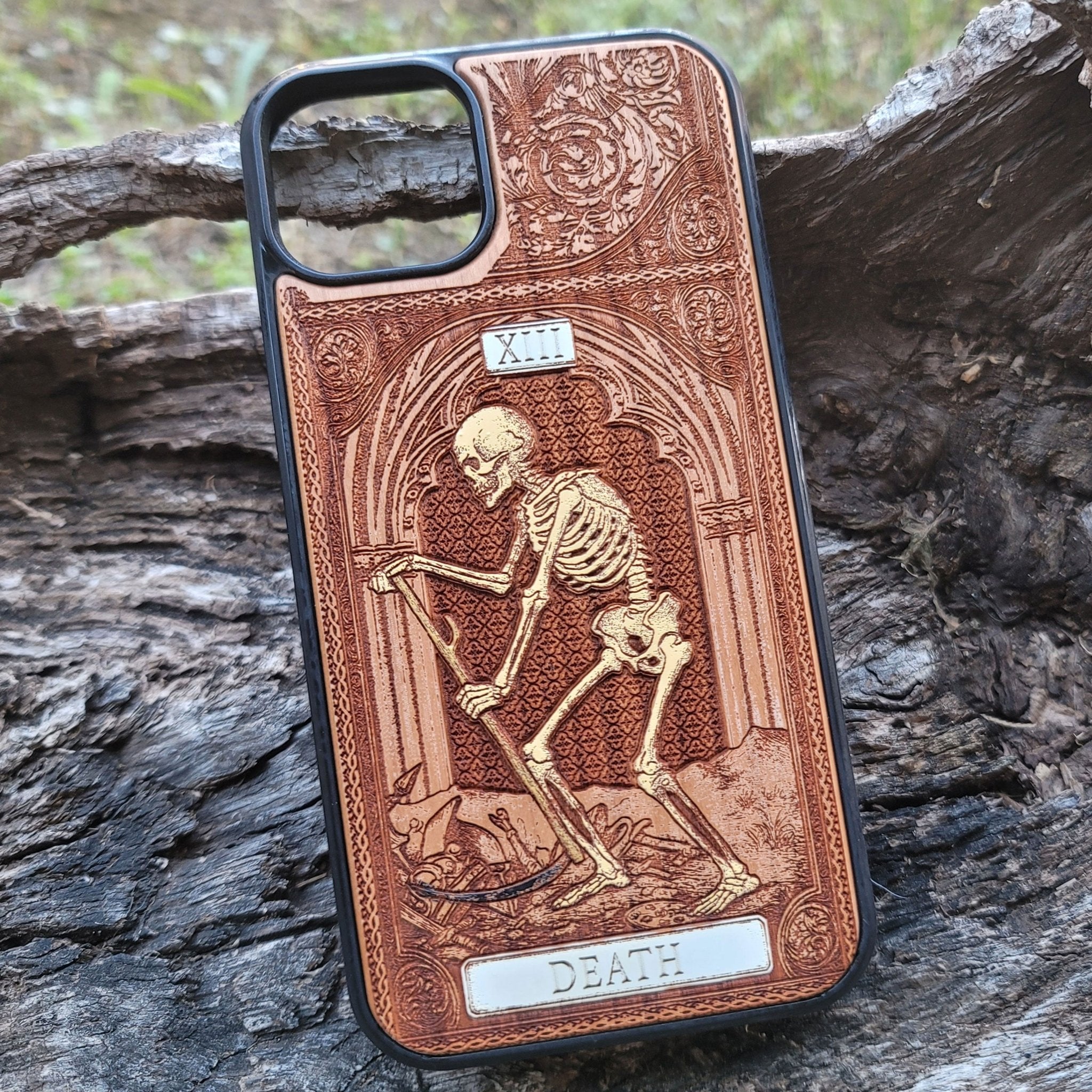 Death tarot wood phone case – engraved & hand-painted for iPhone , Galaxy S – symbolic rebirth and transformation design