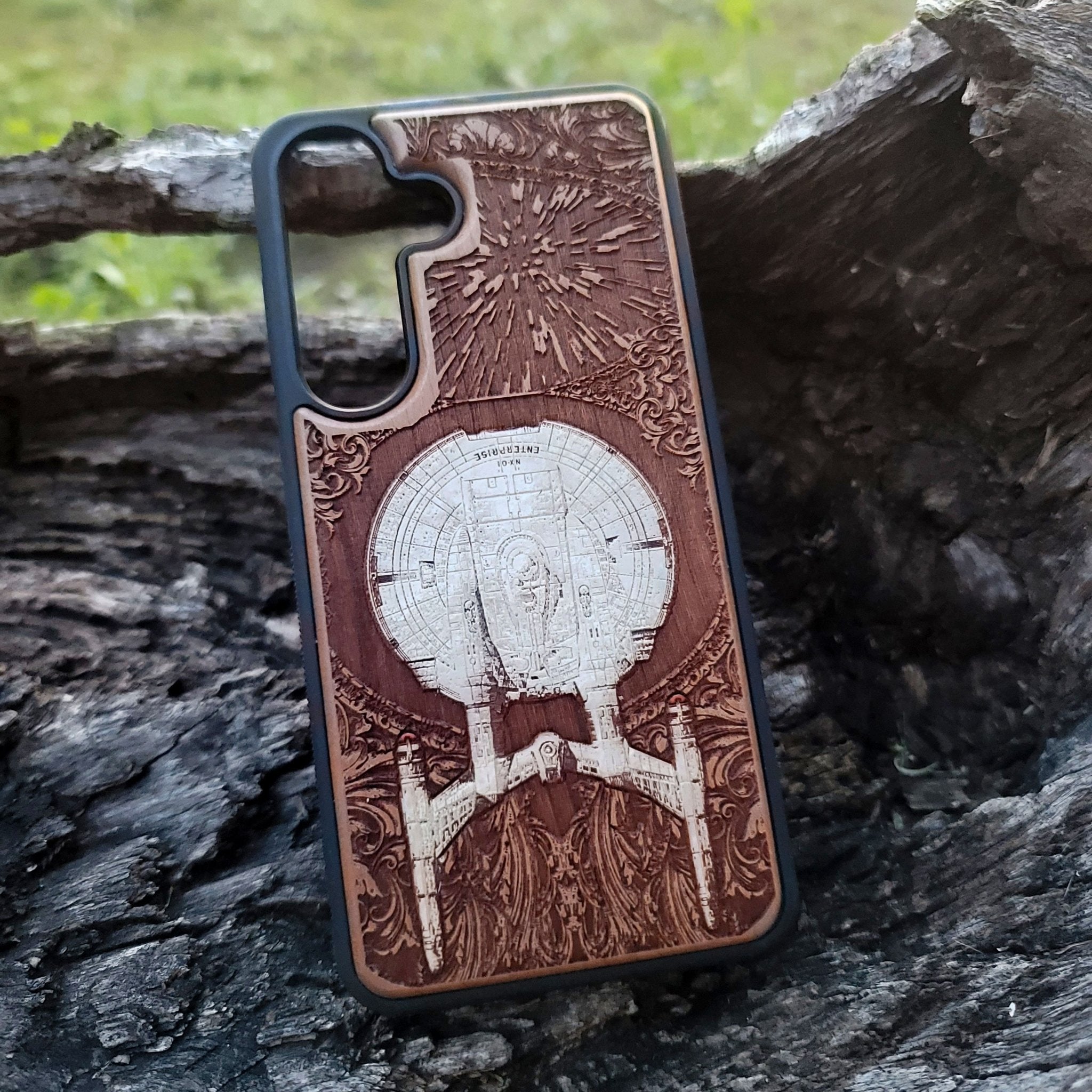Laser-etched NX-01 wood phone case for sci-fi fans