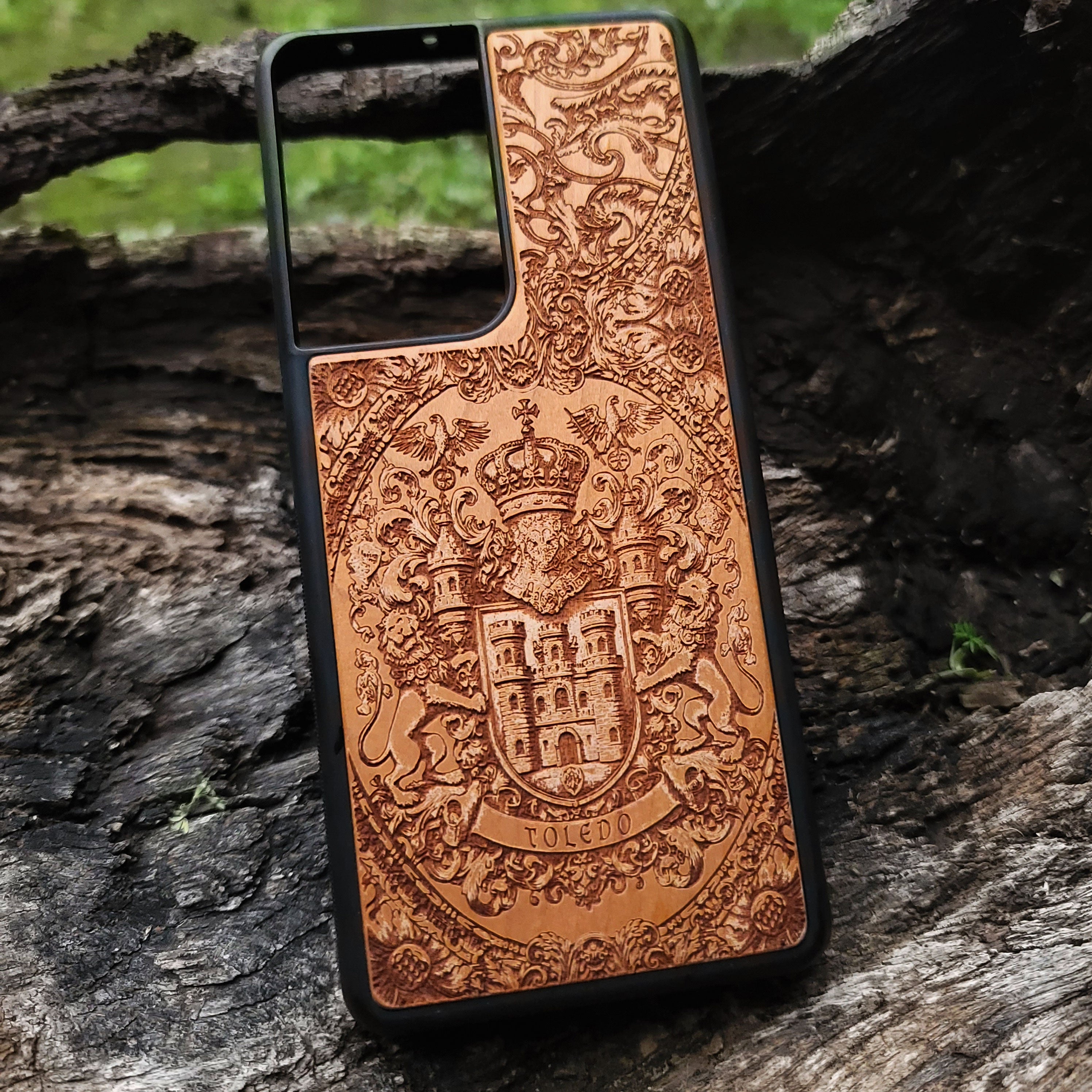 Elegant Spanish coat of arms wood case for iPhone and Galaxy phones.