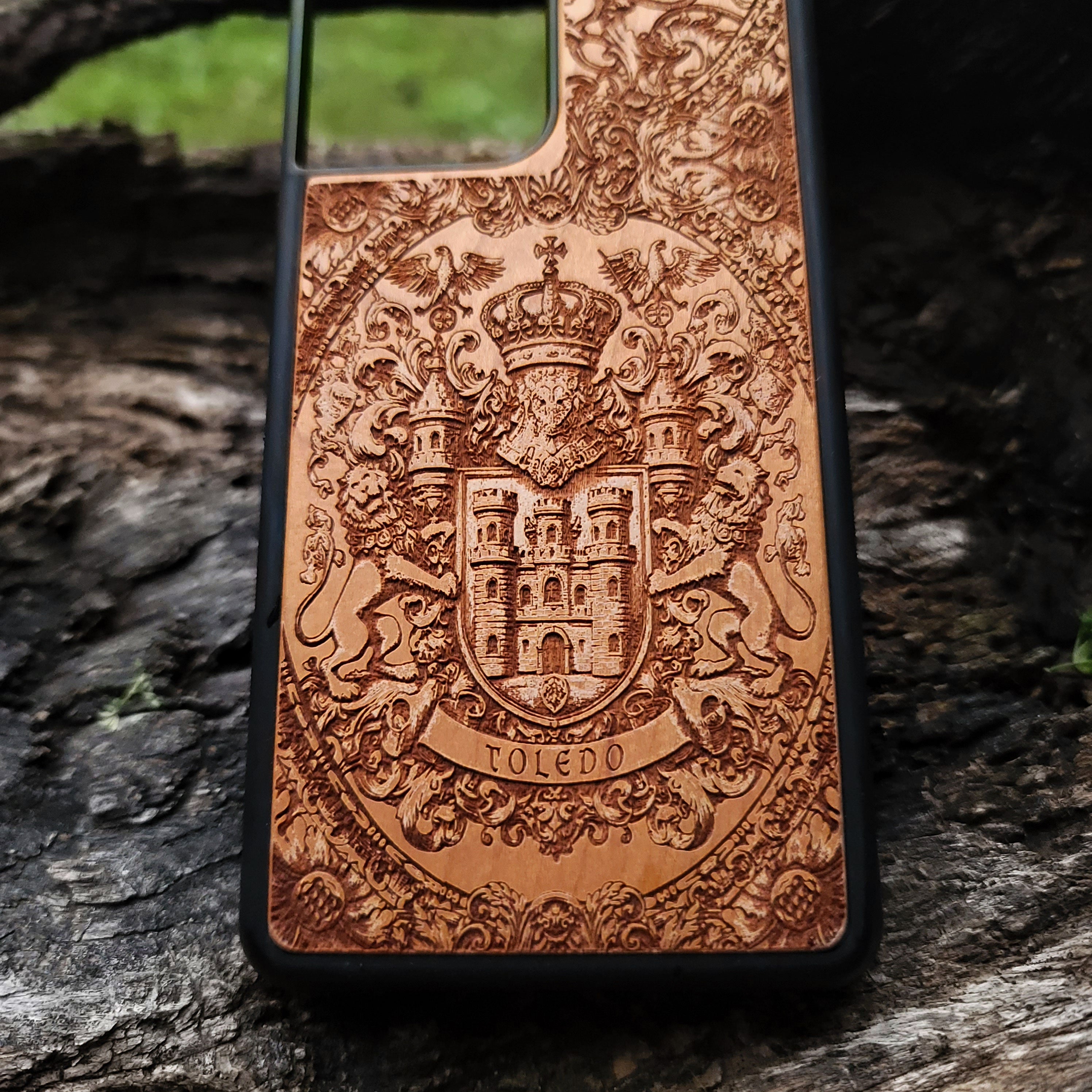 Laser-engraved Toledo coat of arms wood case, great gift for historians.