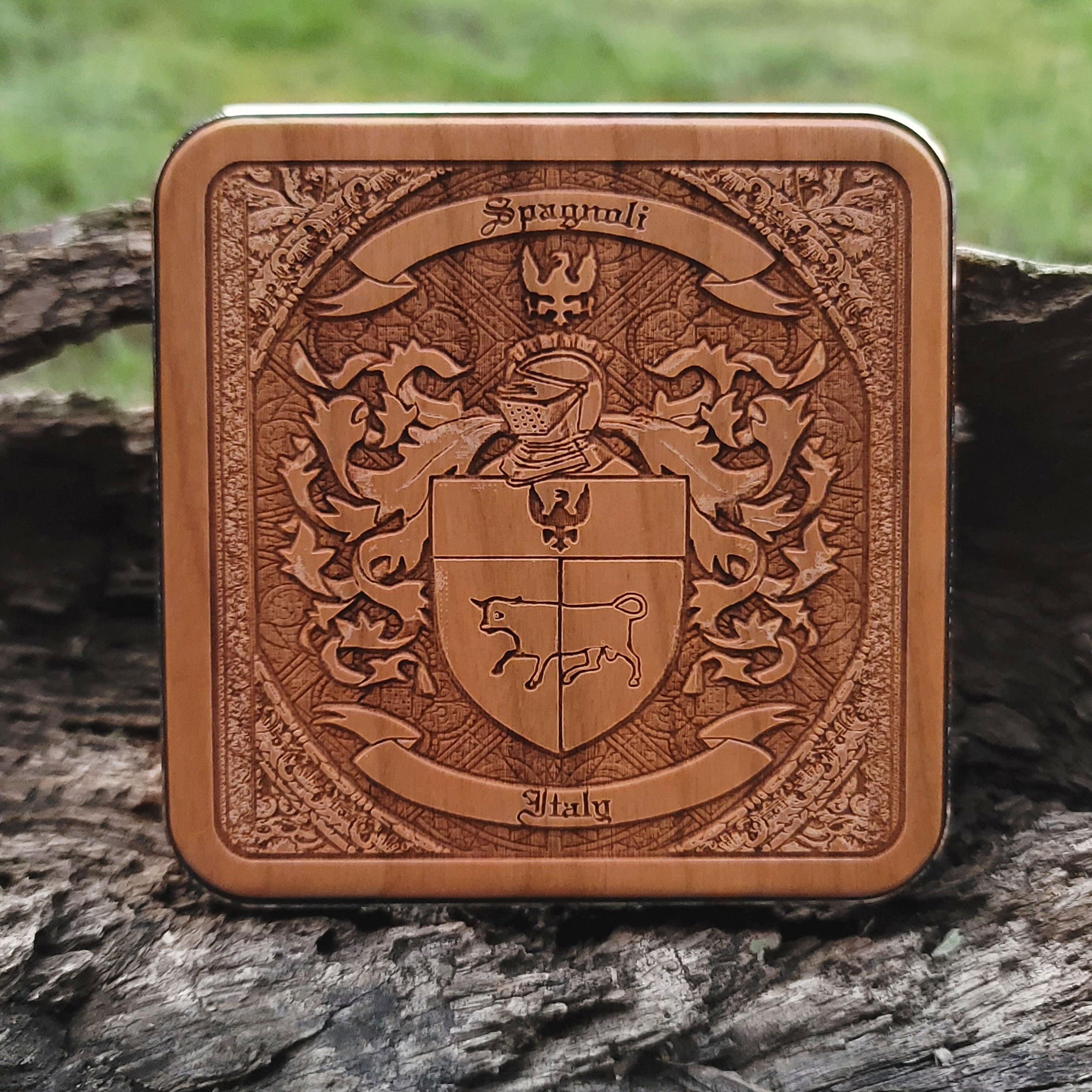 Custom family crest engraved on wood wireless charger, perfect heritage tech gift.
