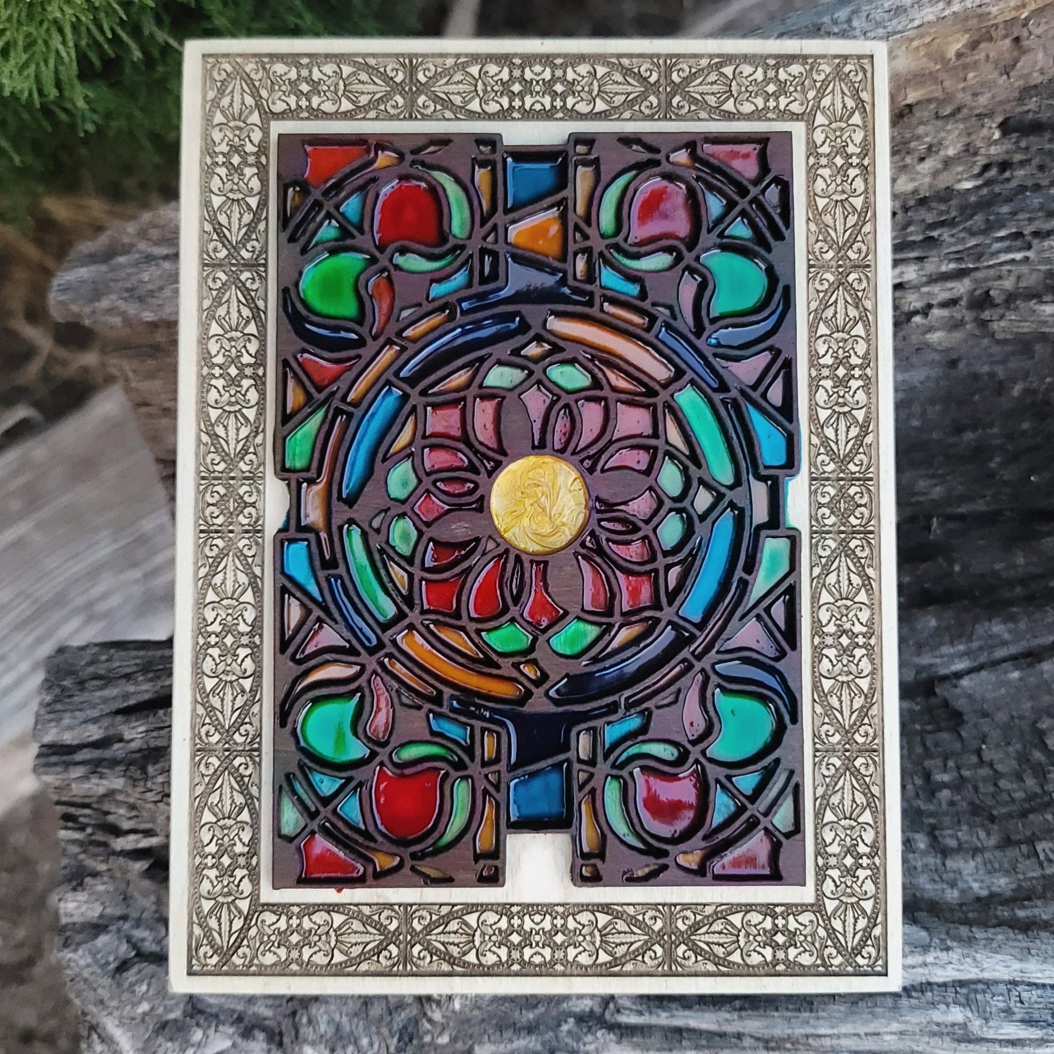 Mini wood wall art with multicolor flower design, inspired by gothic stained glass.
