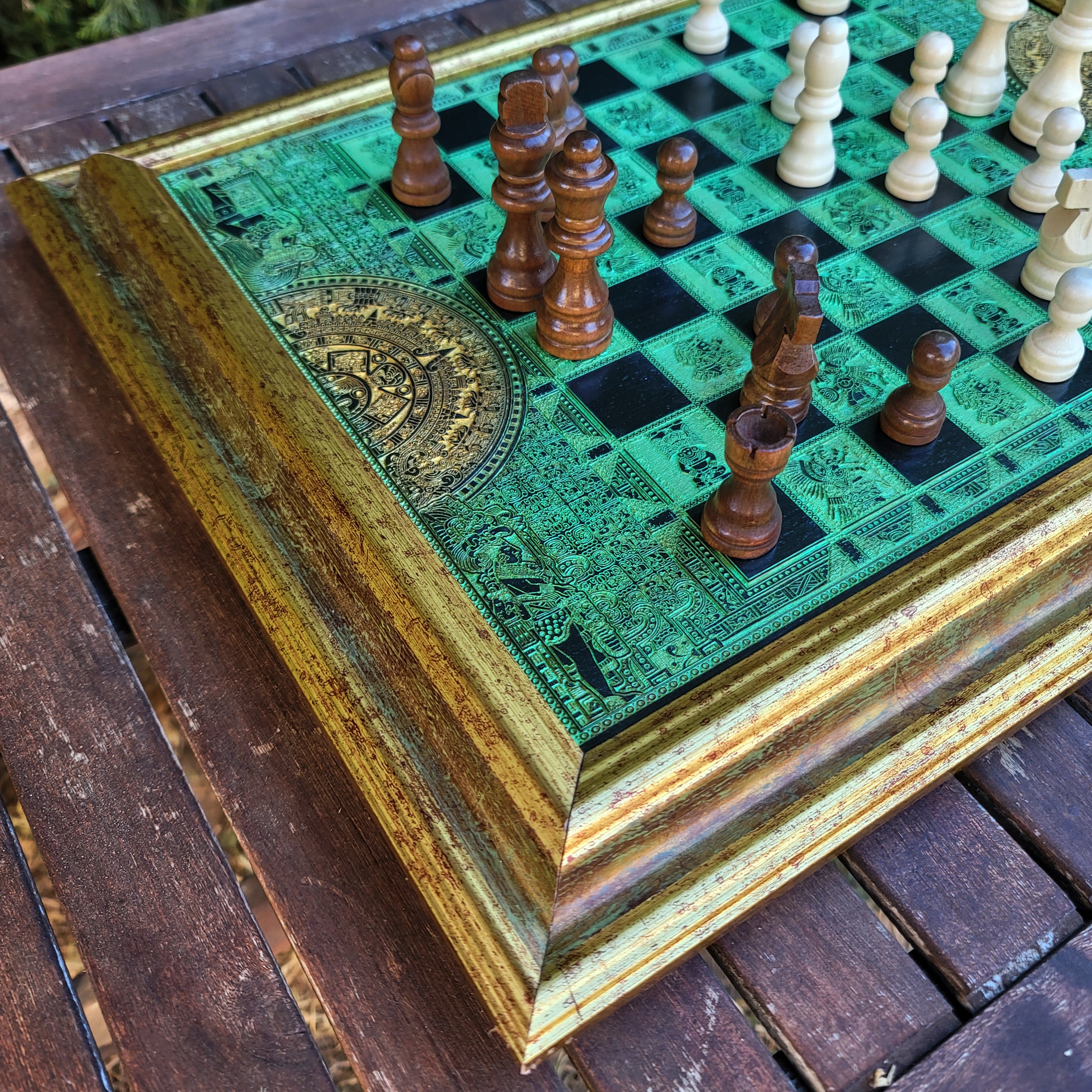 Aztec Chess Board - Black & Green - A3 Large Size