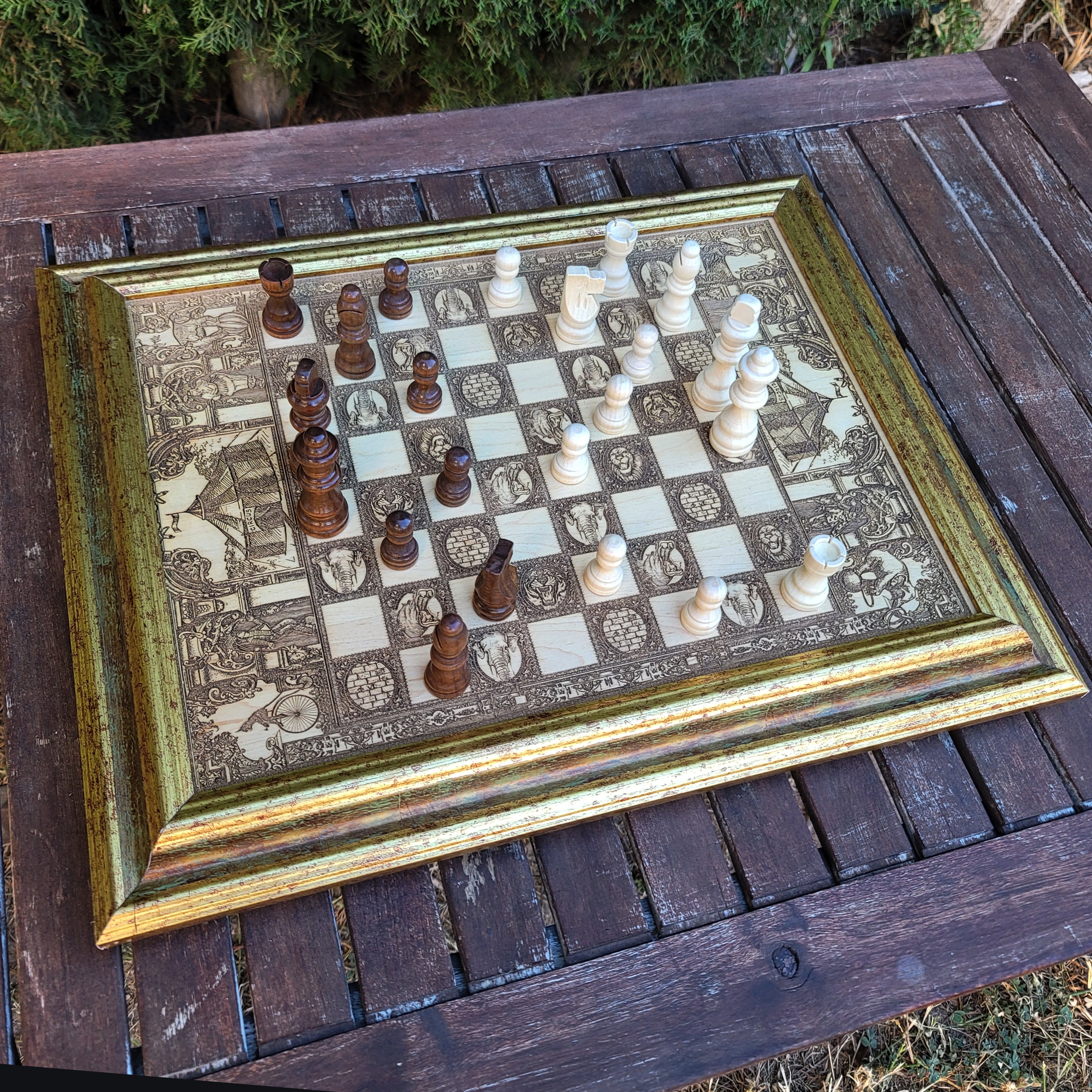Luxury chessboard with vintage circus design – unique anniversary or holiday gift.