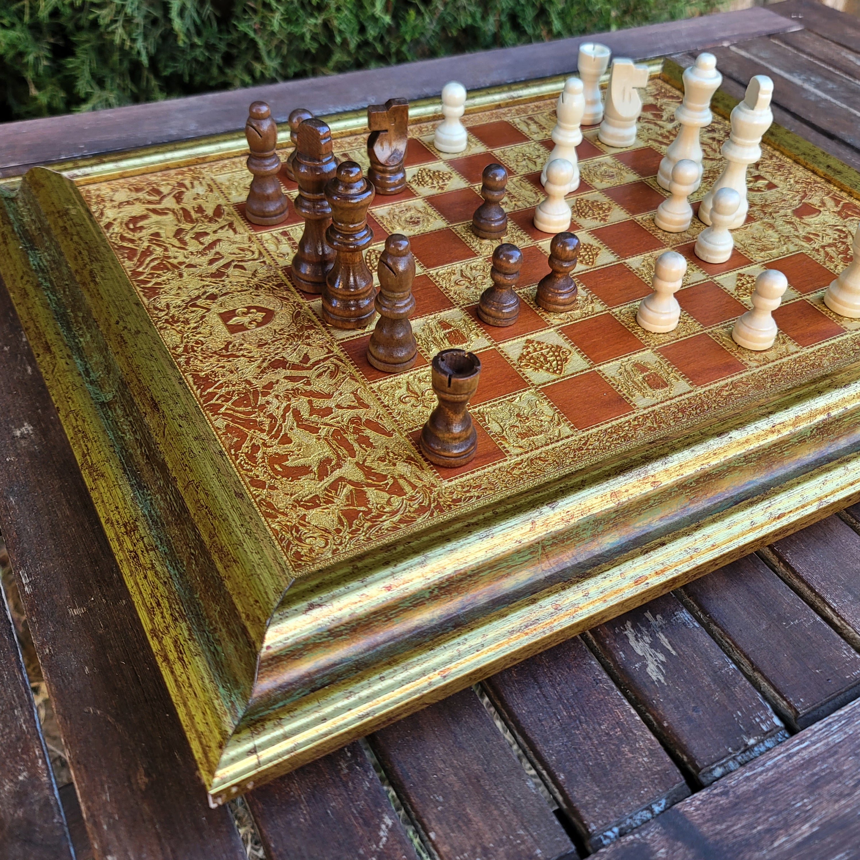 Battle Chess Board - Mahogany & Gold - A3 Large Size