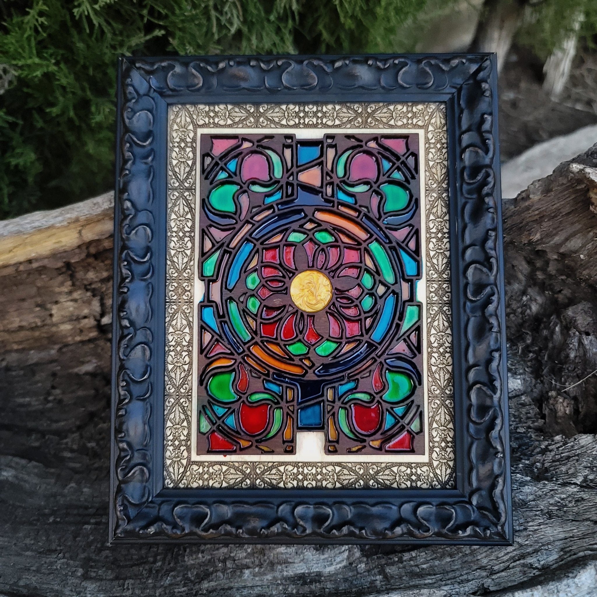 Laser-engraved gothic window wood art with medieval stained-glass-style flower.