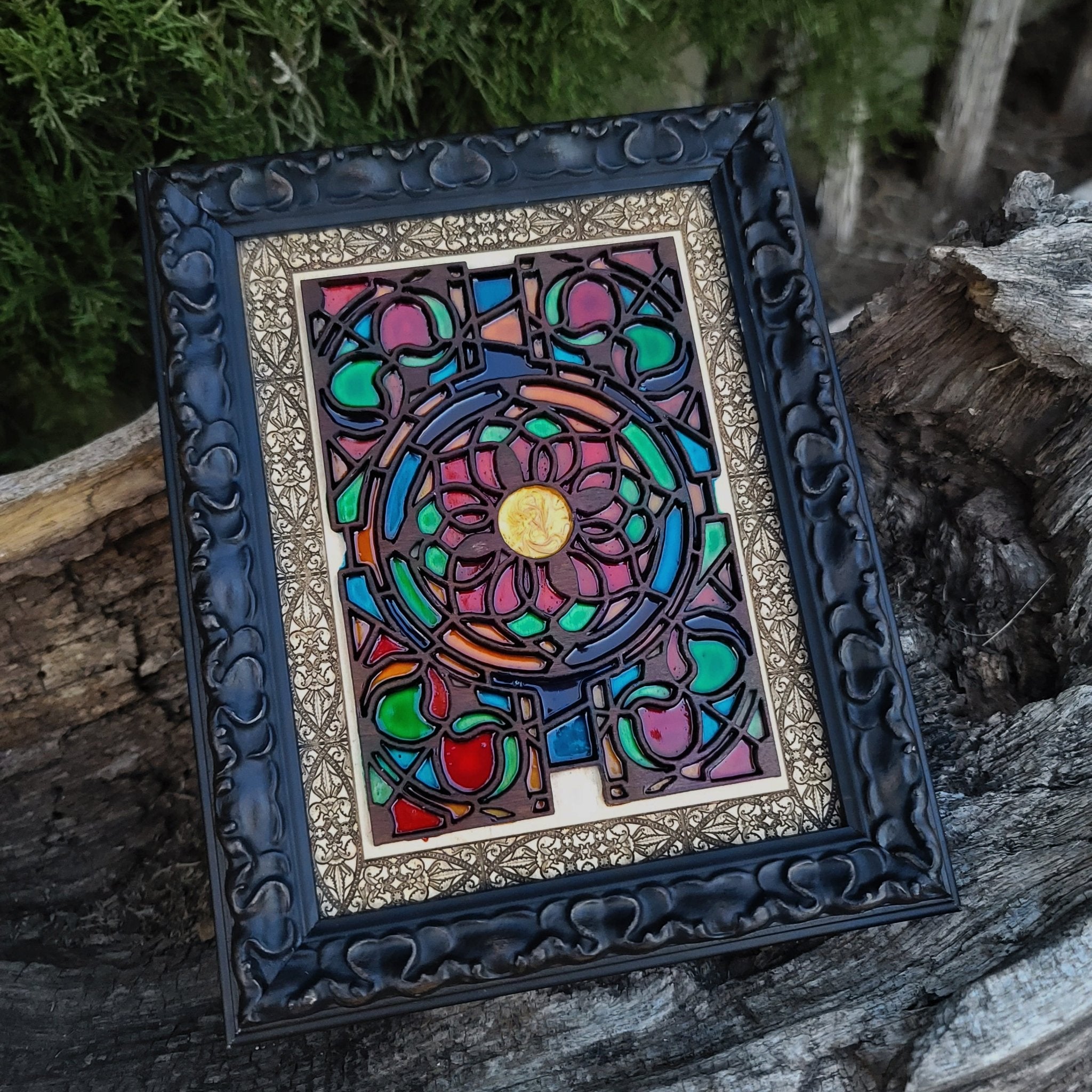 Colorful gothic floral wood wall plaque, cathedral-style stained glass design.