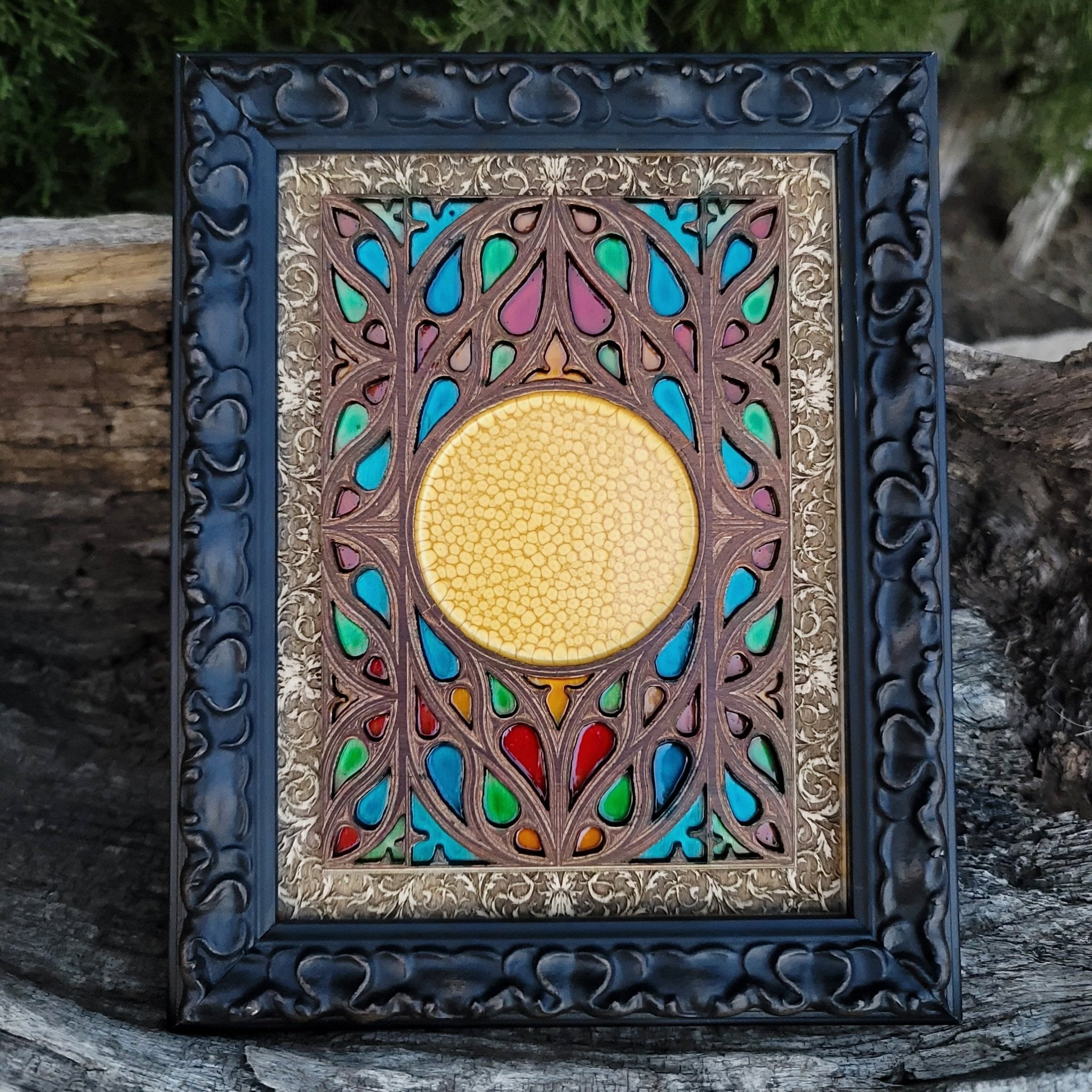 Medieval stained glass-style wood plaque with your personalized symbol.