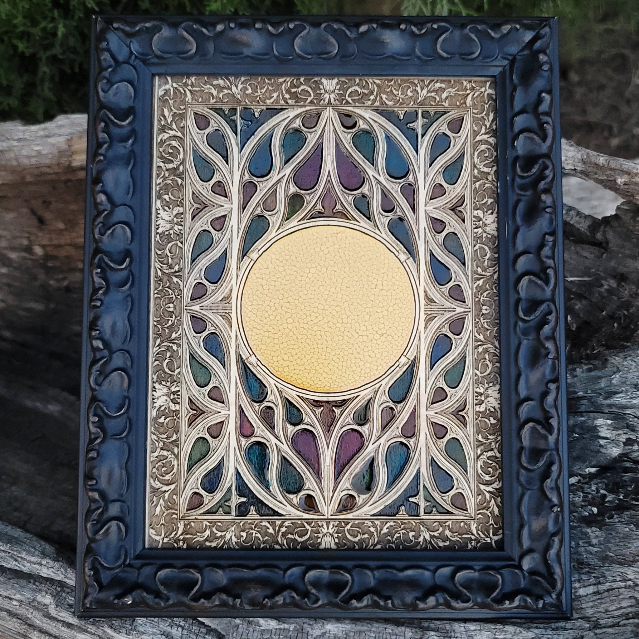 Custom gothic window design engraved on wood, perfect for dark home decor.