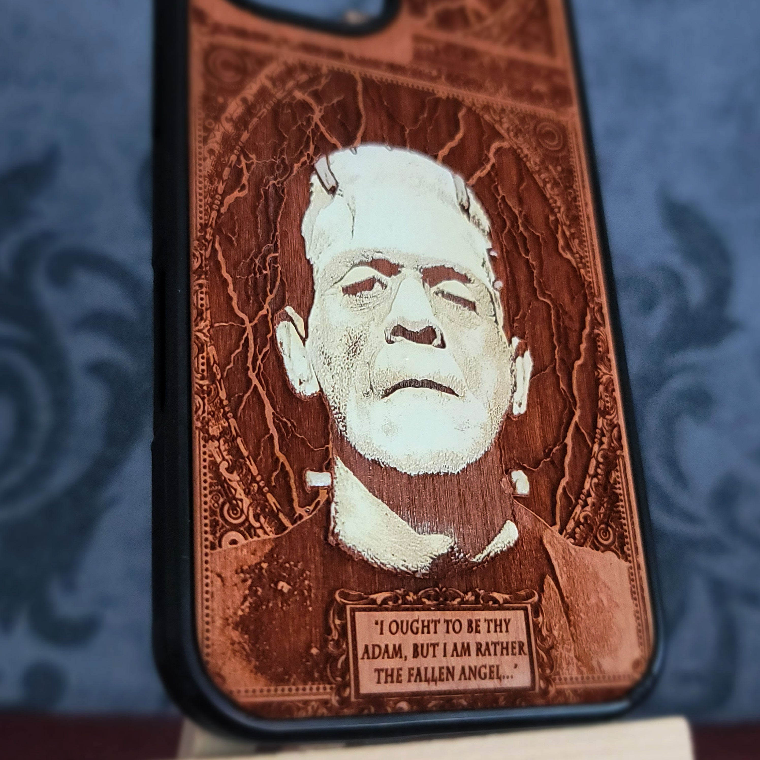 Hand-painted Frankenstein monster wood phone case for iPhone and Galaxy – horror art design.