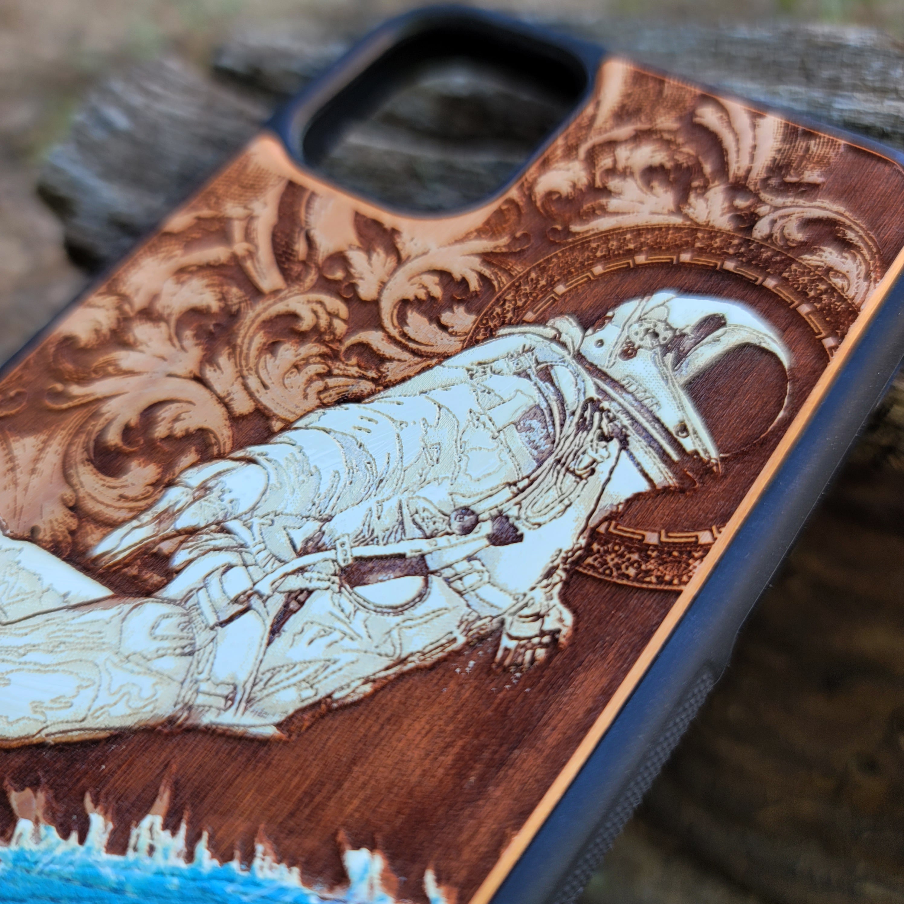 Laser-engraved wooden phone case for Samsung Galaxy, featuring intricate gothic artwork.