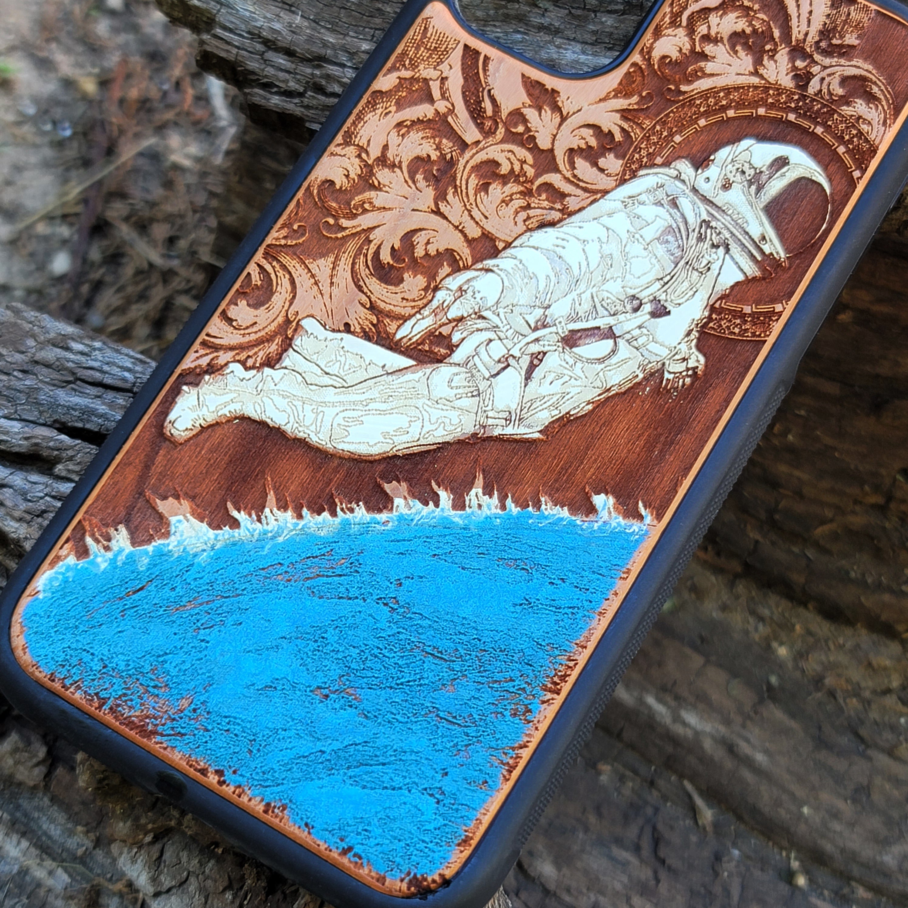 Laser-engraved wooden phone case for Samsung Galaxy, featuring intricate gothic artwork.