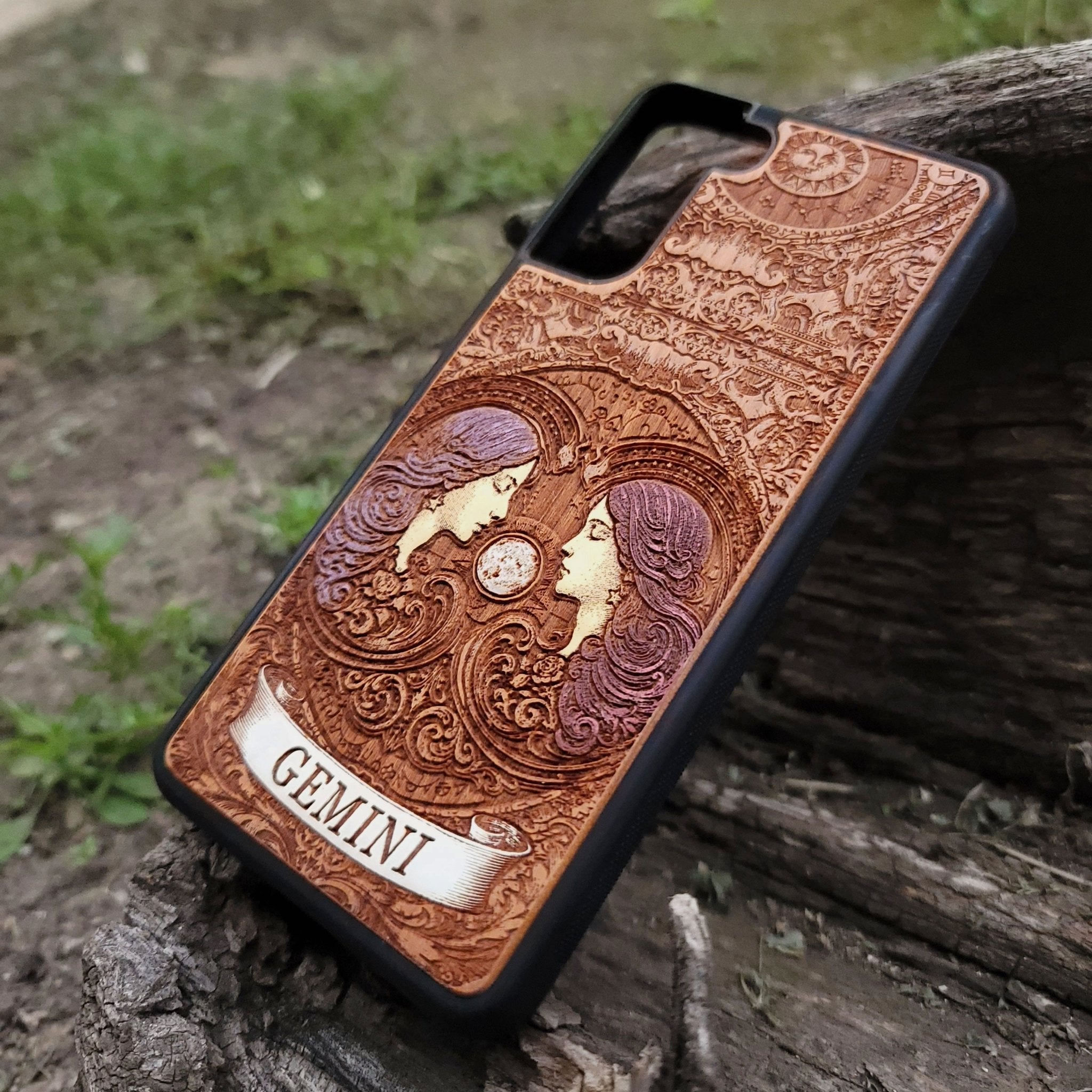 Gemini star sign phone case featuring celestial twin design