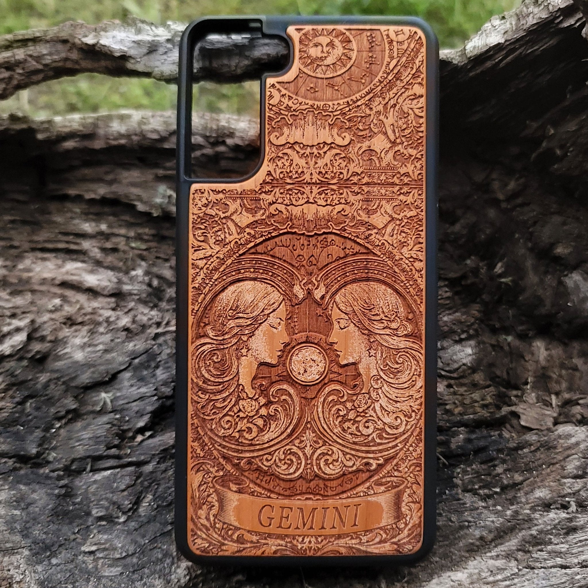 Gemini zodiac phone case with engraved twins symbol in wood