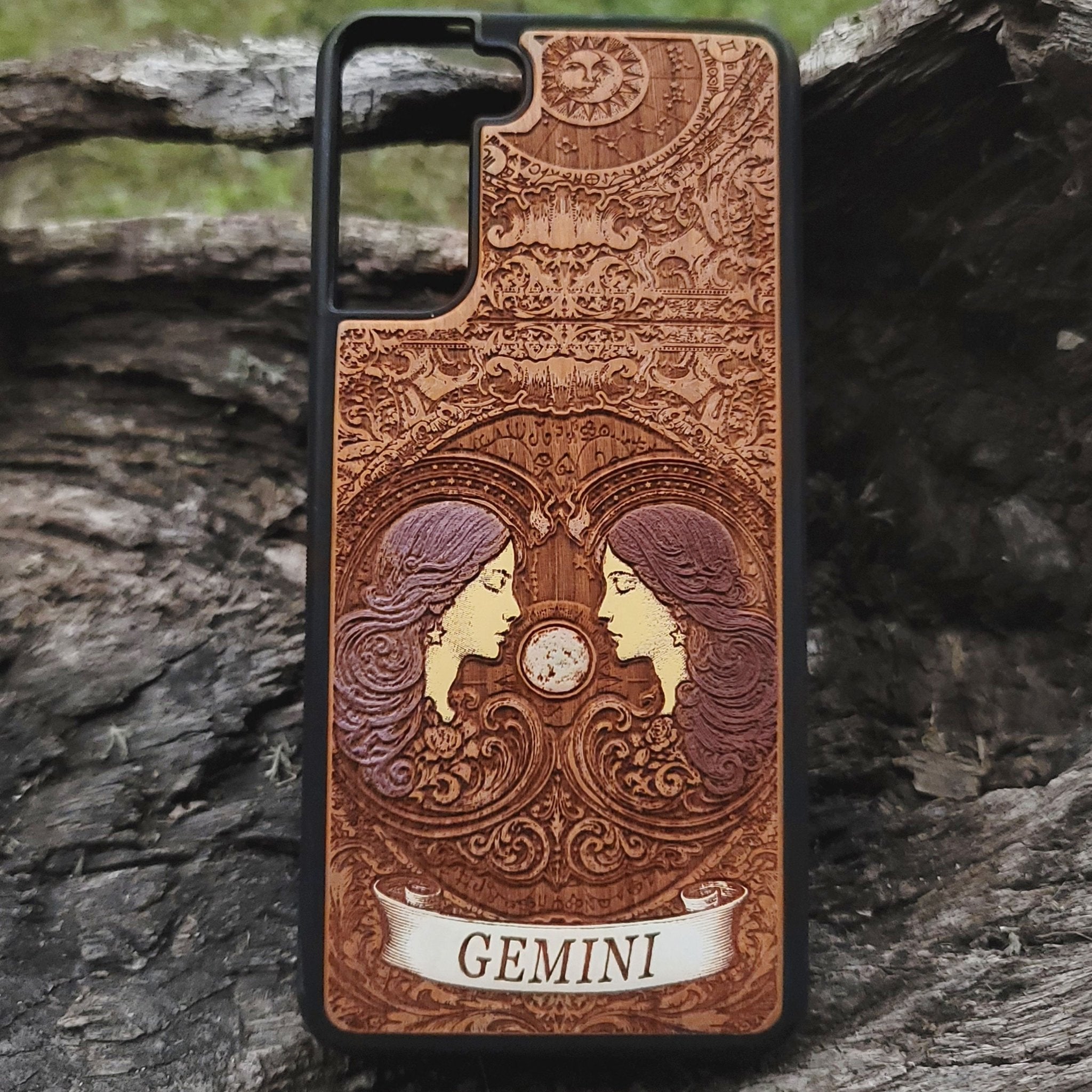 Handmade wooden Gemini phone case with horoscope artwork