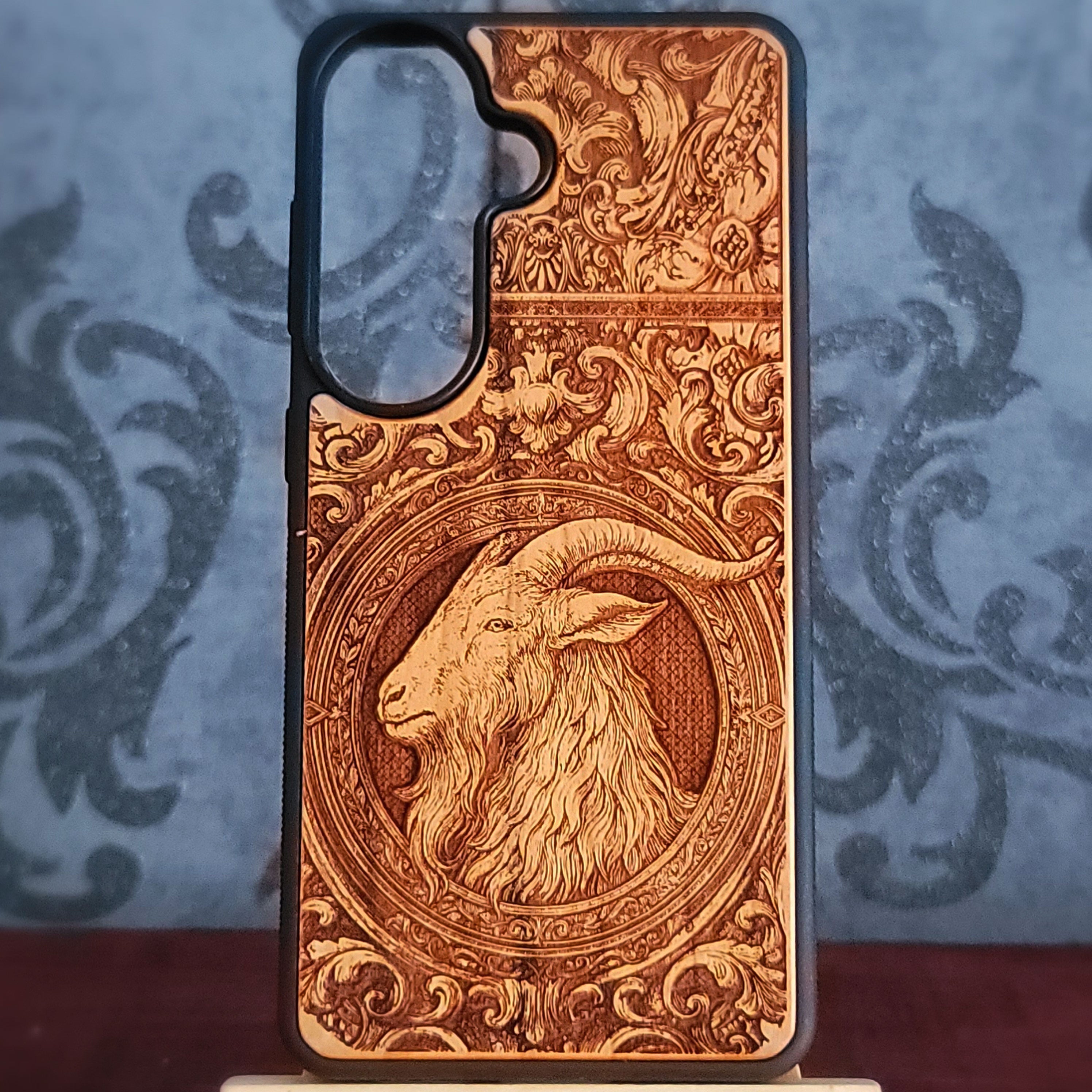 Engraved baphomet goat head gothic phone case in wood for iPhone and Galaxy