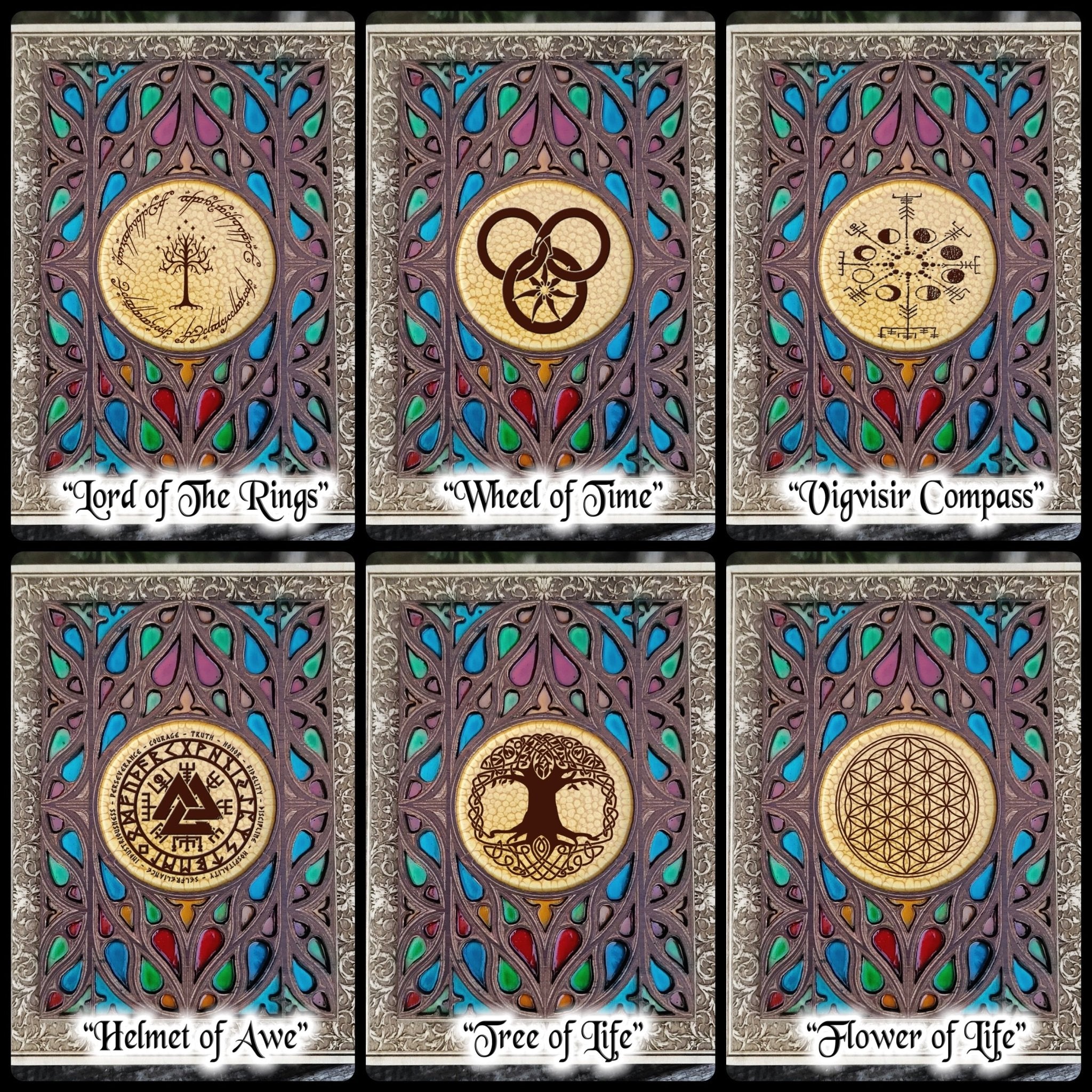 Gothic arch wood wall art with laser-engraved custom sigil or symbol.