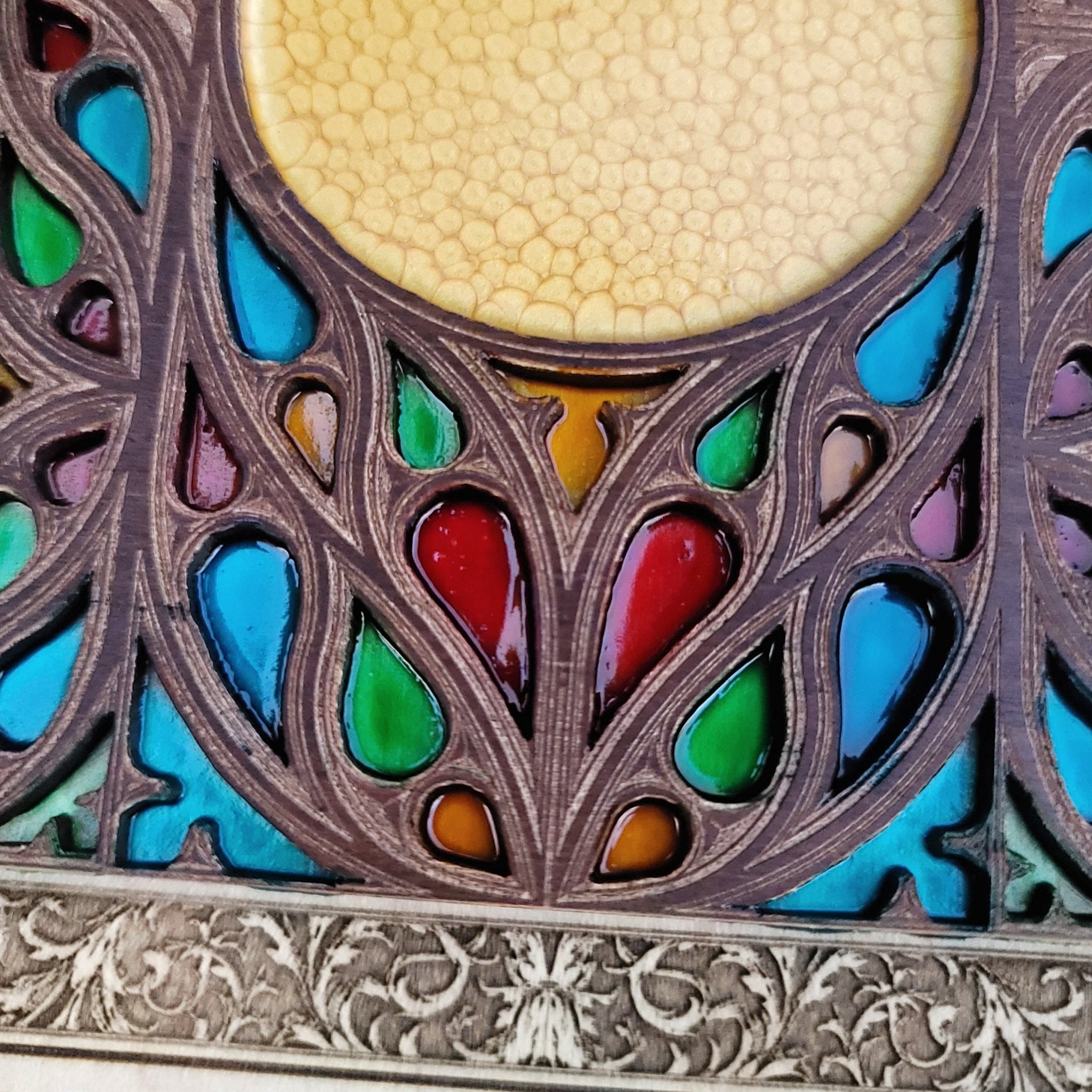 Dark medieval wood wall decor with custom spiritual or alchemical symbol.
