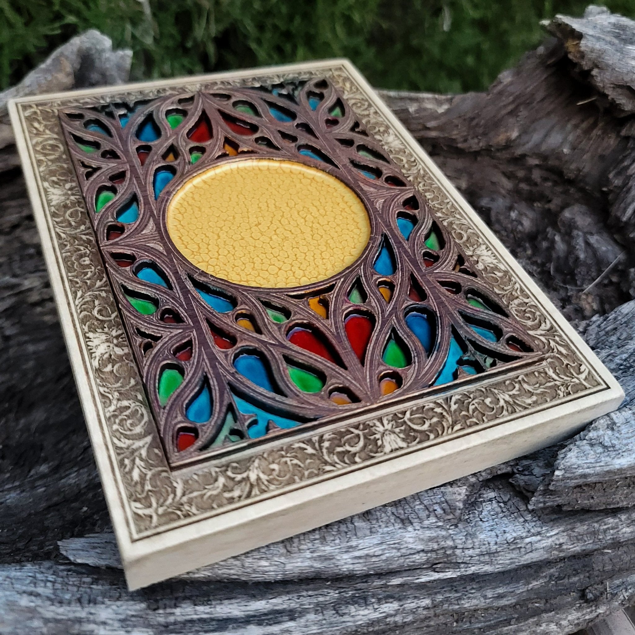 Handcrafted gothic-style wood plaque with cathedral shape and unique engraving.