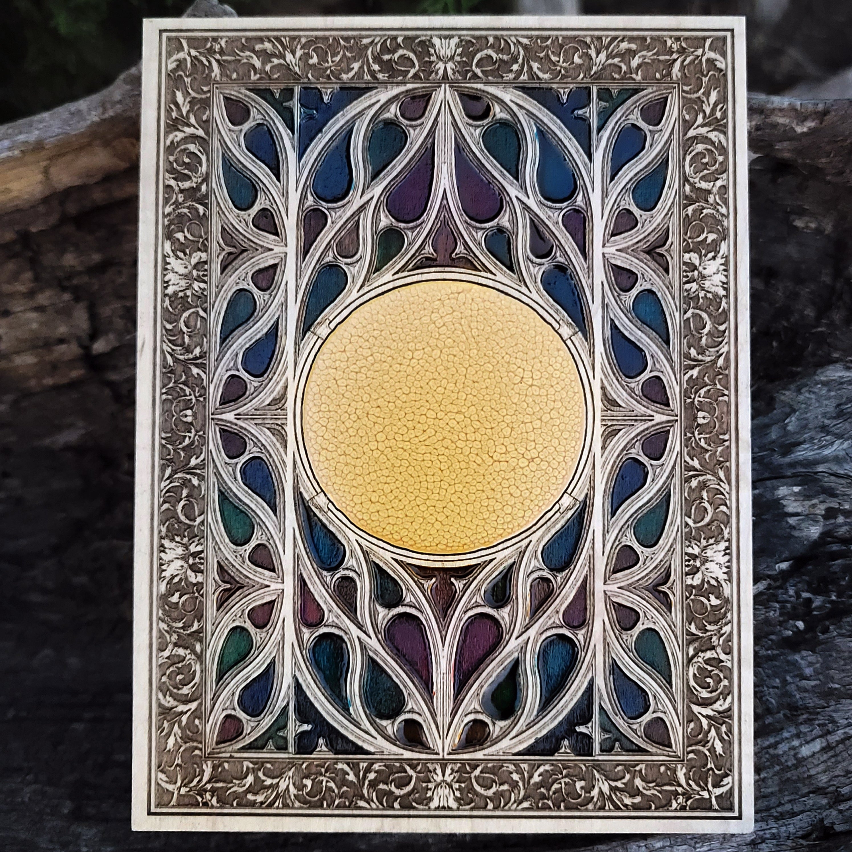 Mini gothic window wood wall art with custom engraved symbol in stained glass style.