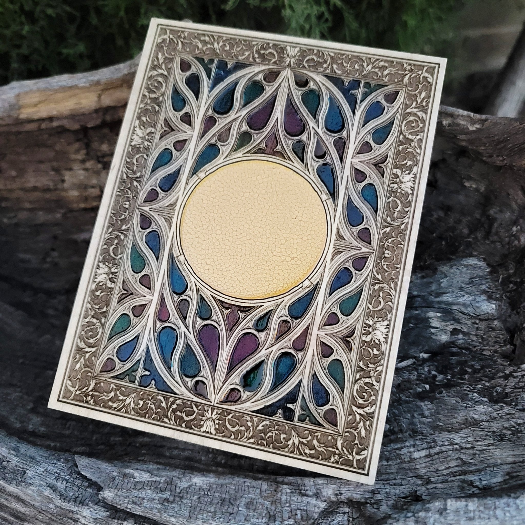 Medieval wood art inspired by cathedral windows, engraved with custom icon.
