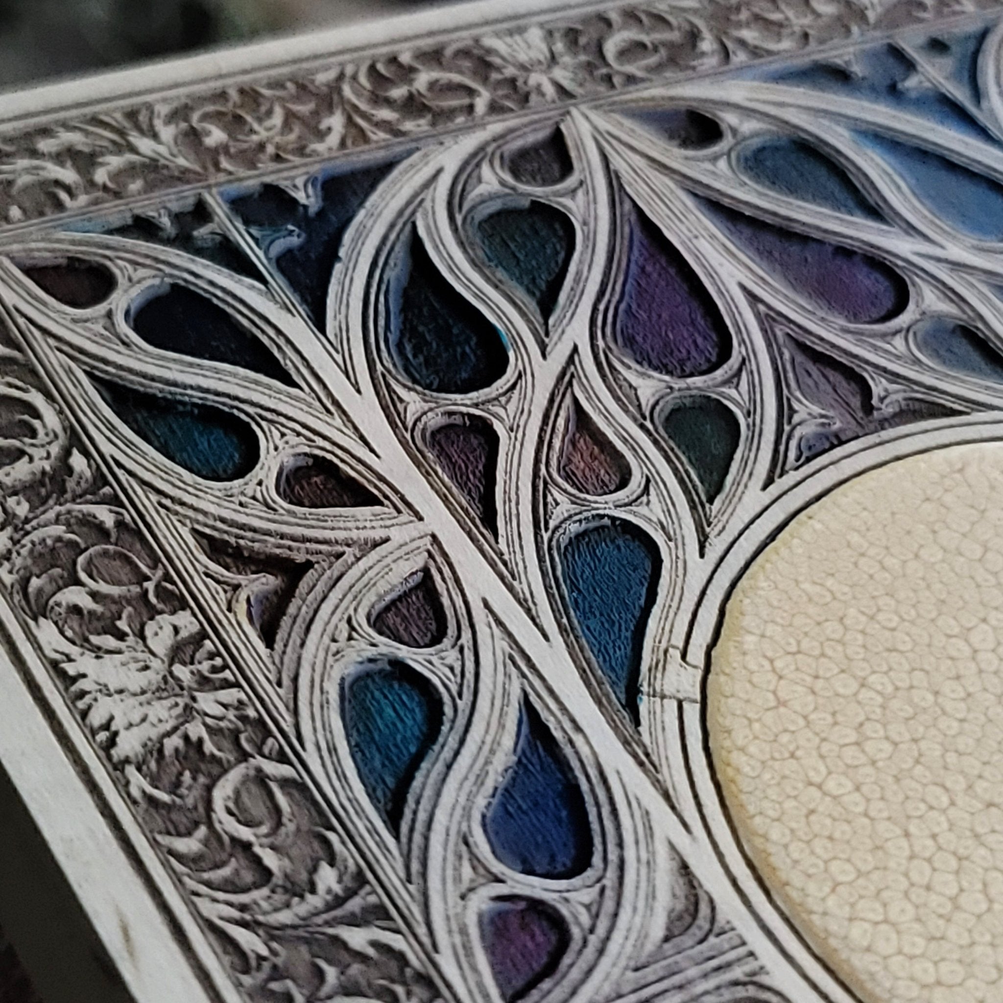 Engraved wood gothic window with fantasy or occult symbol customization.