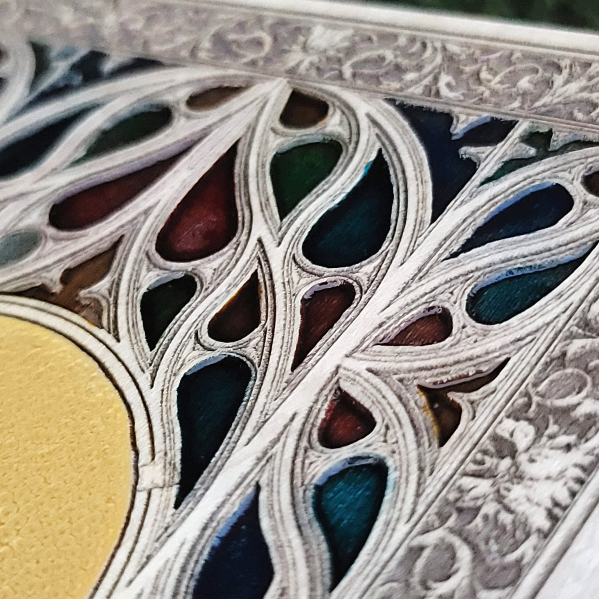 Handcrafted gothic-style mini window plaque with laser-engraved design.