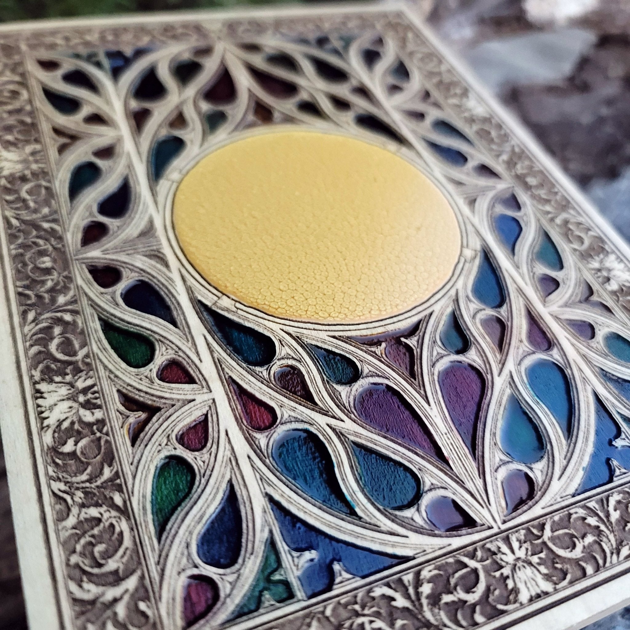Decorative medieval wood wall art with customizable gothic emblem.