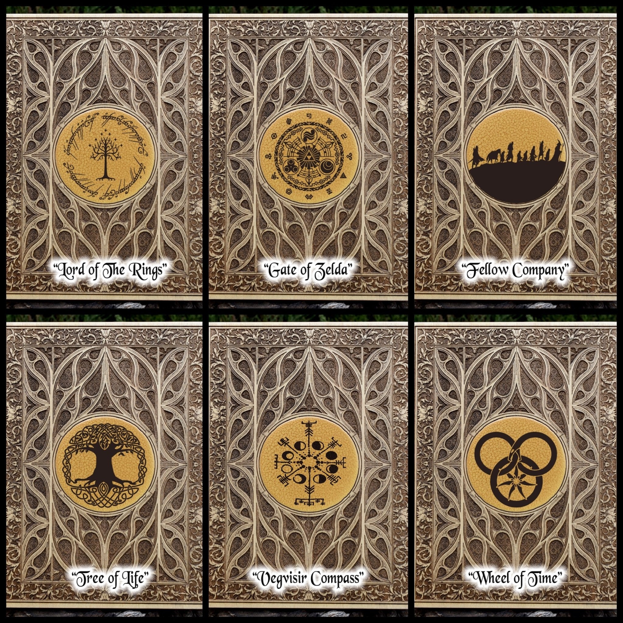 Handcrafted gothic wooden wall art featuring a customizable center symbol.