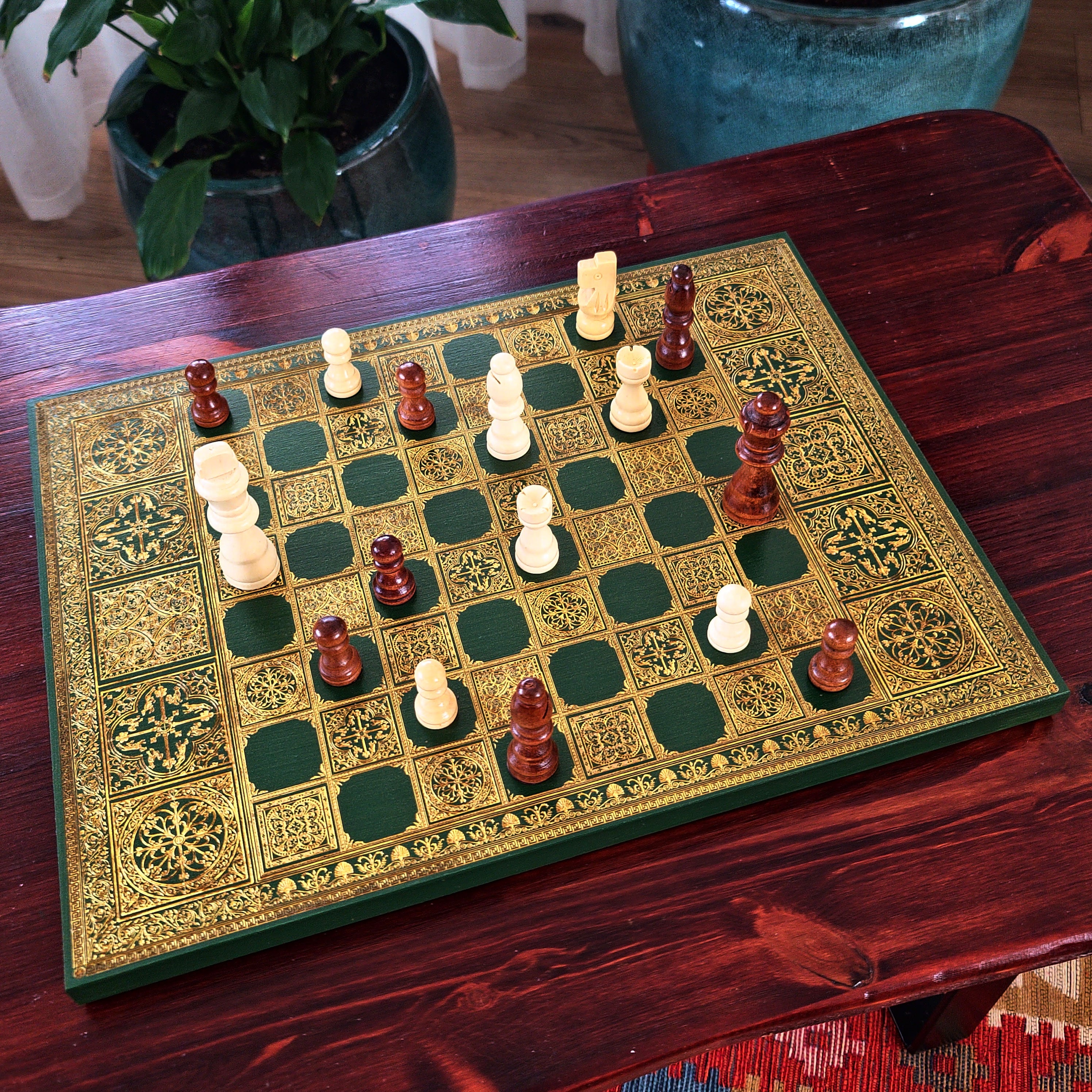 Spanish Tiles Chess Board - Green & Gold - A3 Large Size