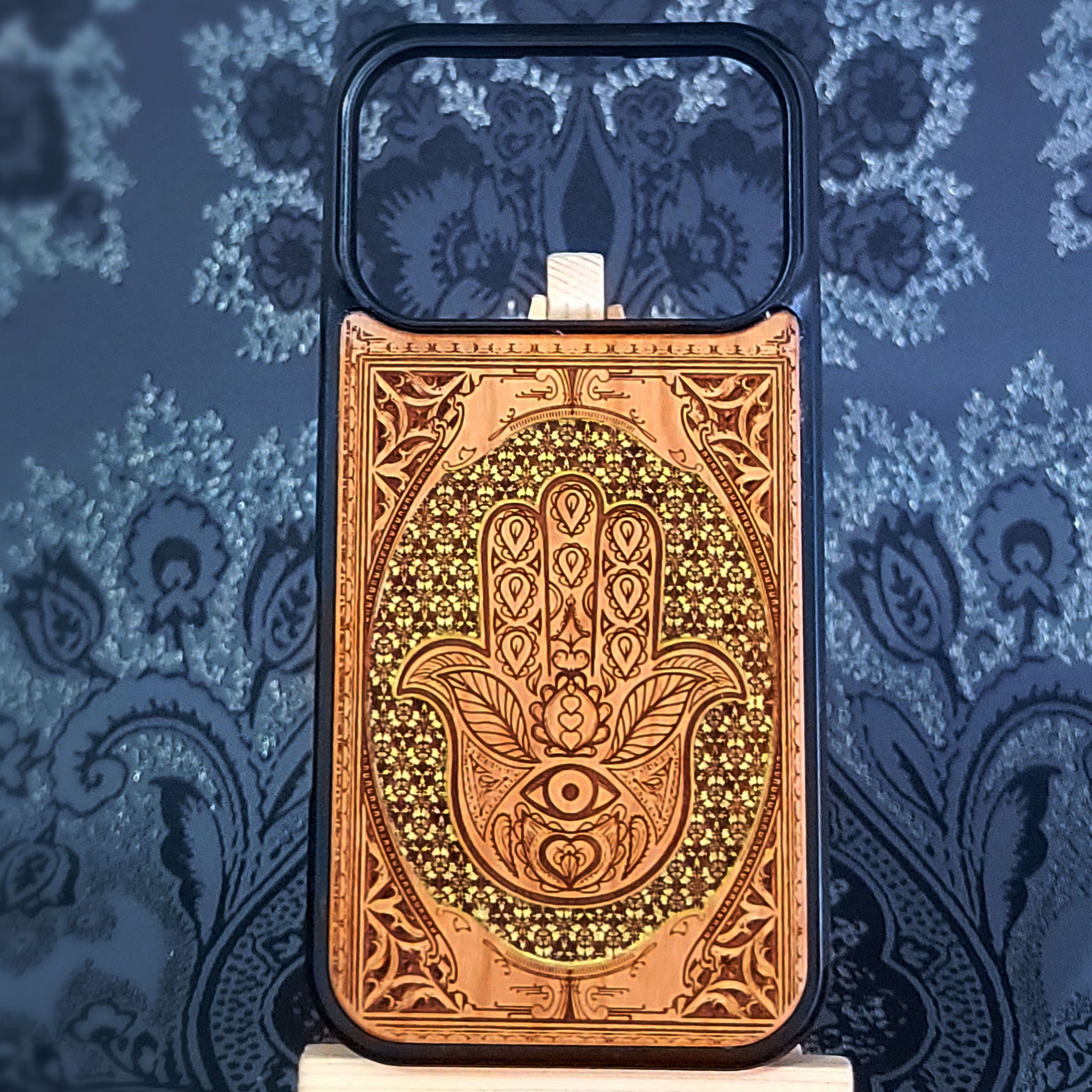 Hand-painted Hamsa Hand symbol wood phone case with Gothic pattern for iPhone & Samsung Galaxy.