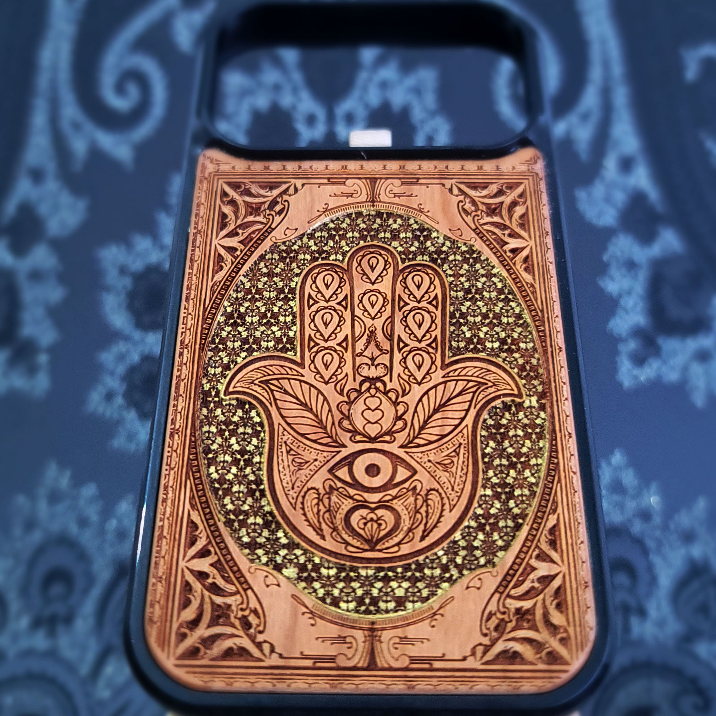 Hand-painted Hamsa Hand symbol wood phone case with Gothic pattern for iPhone & Samsung Galaxy.