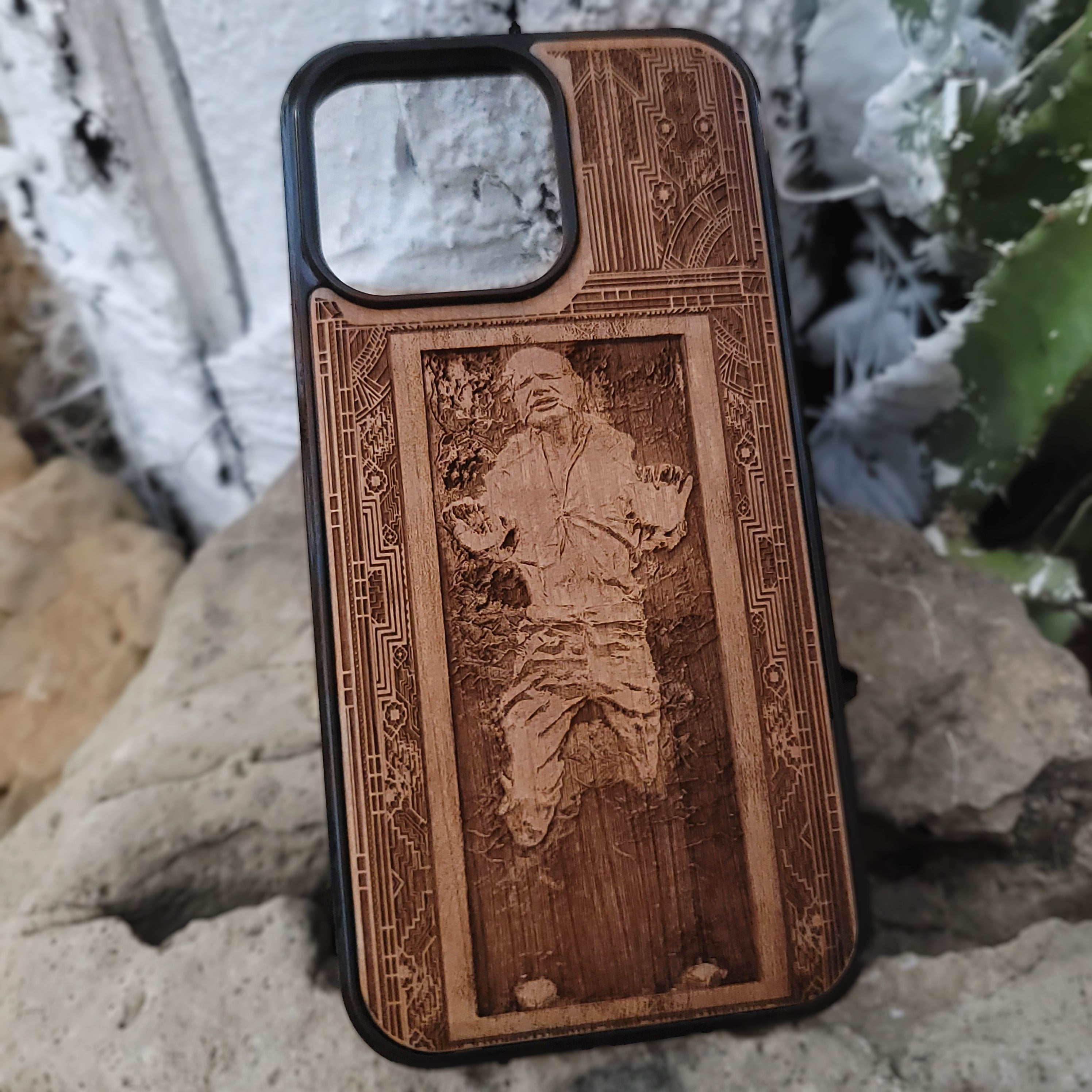 Deep engraved wood phone case with Han Solo from Star Wars, fits iPhone 16 and Galaxy S25