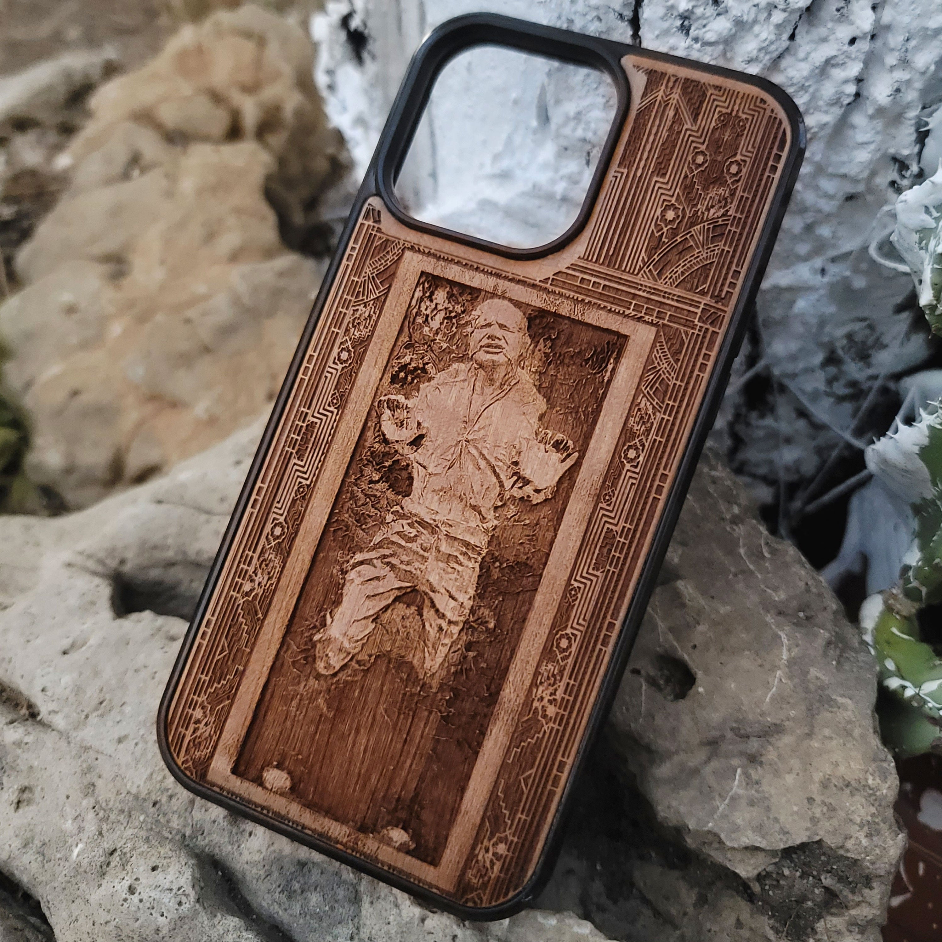 Deep engraved wood phone case with Han Solo from Star Wars, fits iPhone 16 and Galaxy S25