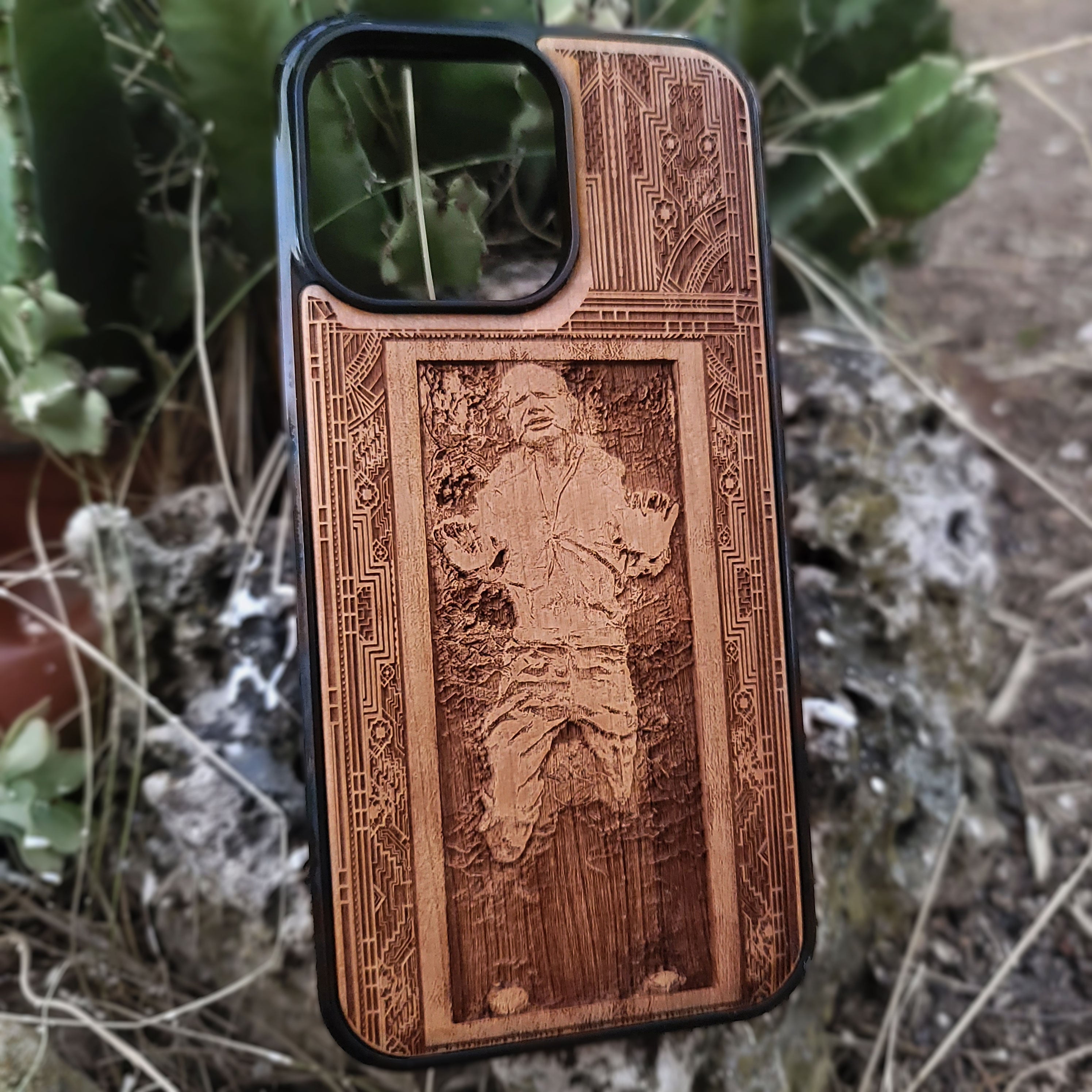 Deep engraved wood phone case with Han Solo from Star Wars, fits iPhone 16 and Galaxy S25