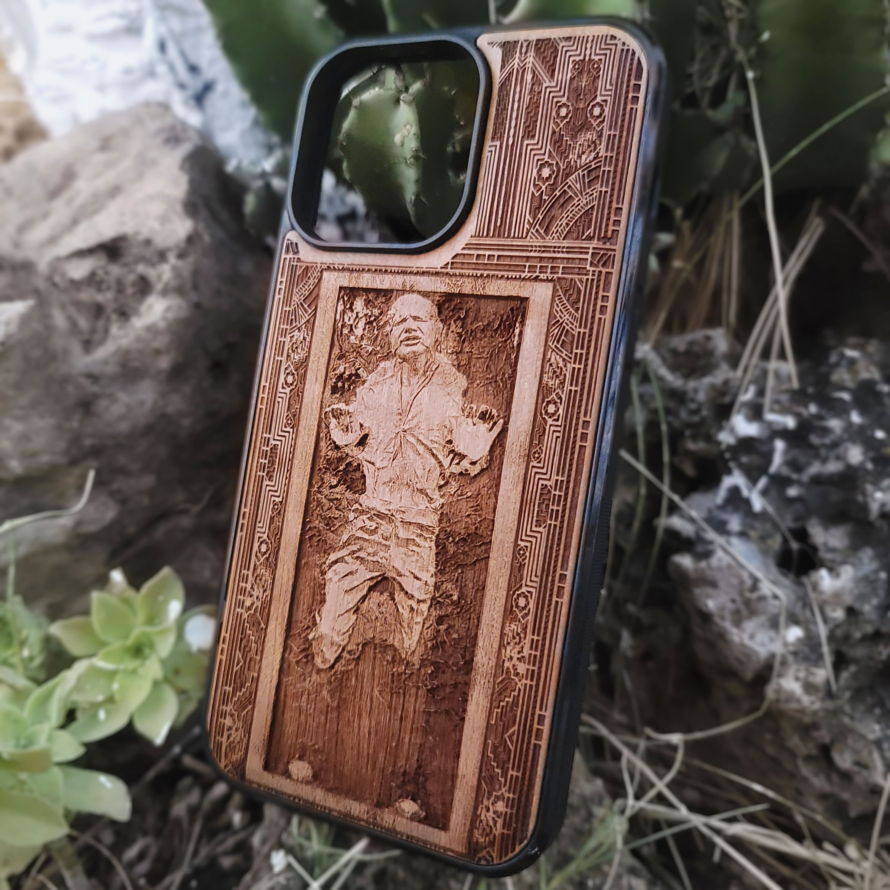 Deep engraved wood phone case with Han Solo from Star Wars, fits iPhone 16 and Galaxy S25