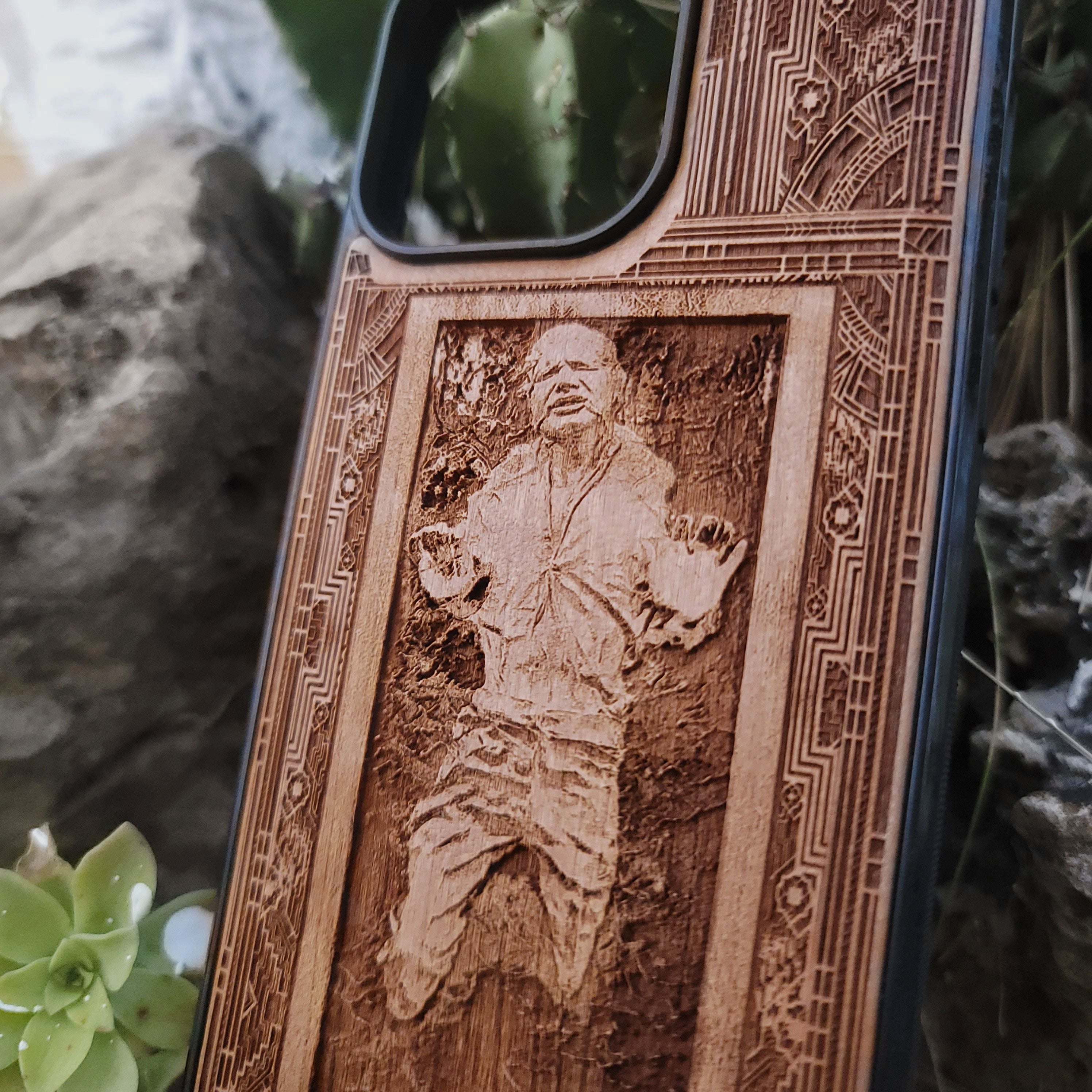 Deep engraved wood phone case with Han Solo from Star Wars, fits iPhone 16 and Galaxy S25