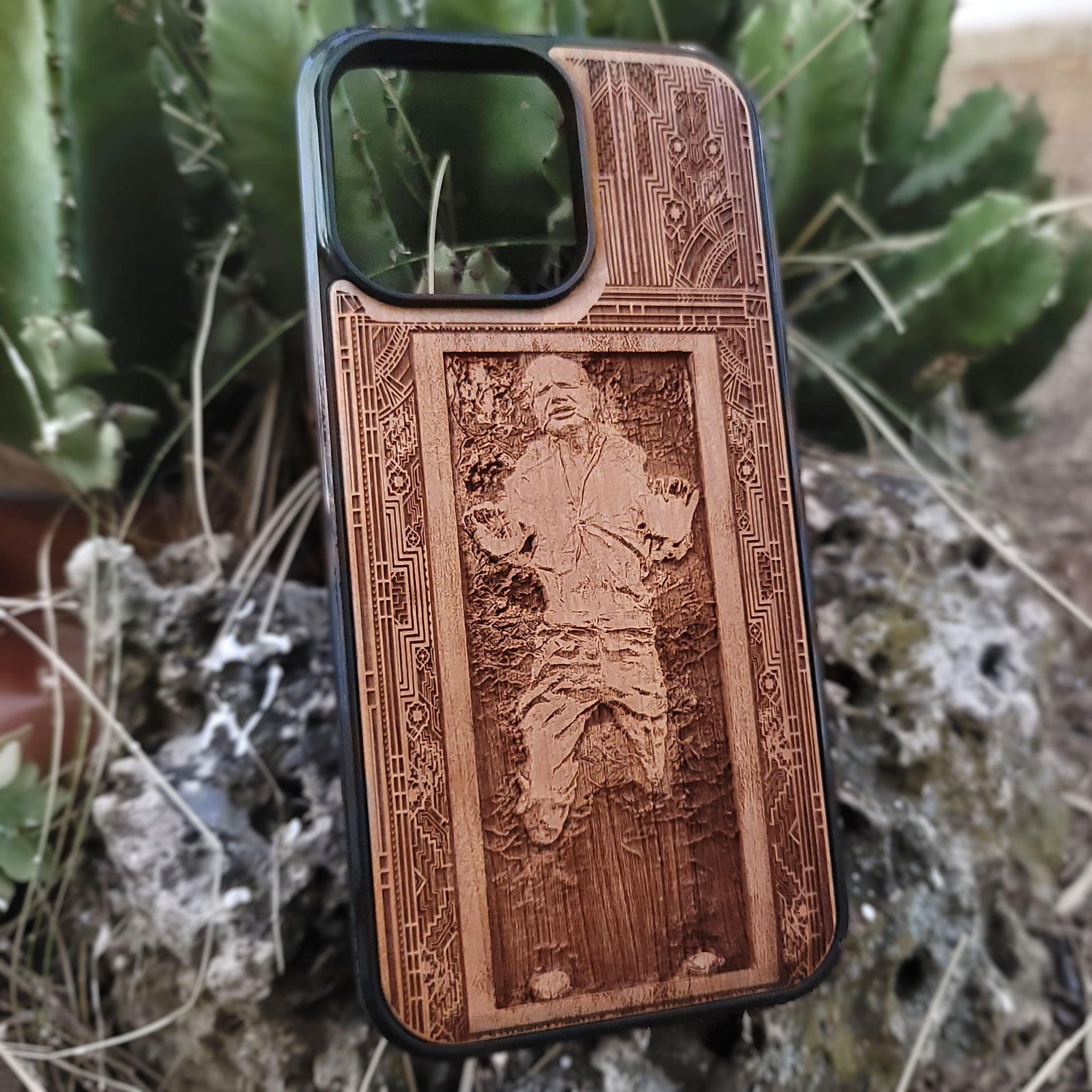Deep engraved wood phone case with Han Solo from Star Wars, fits iPhone 16 and Galaxy S25