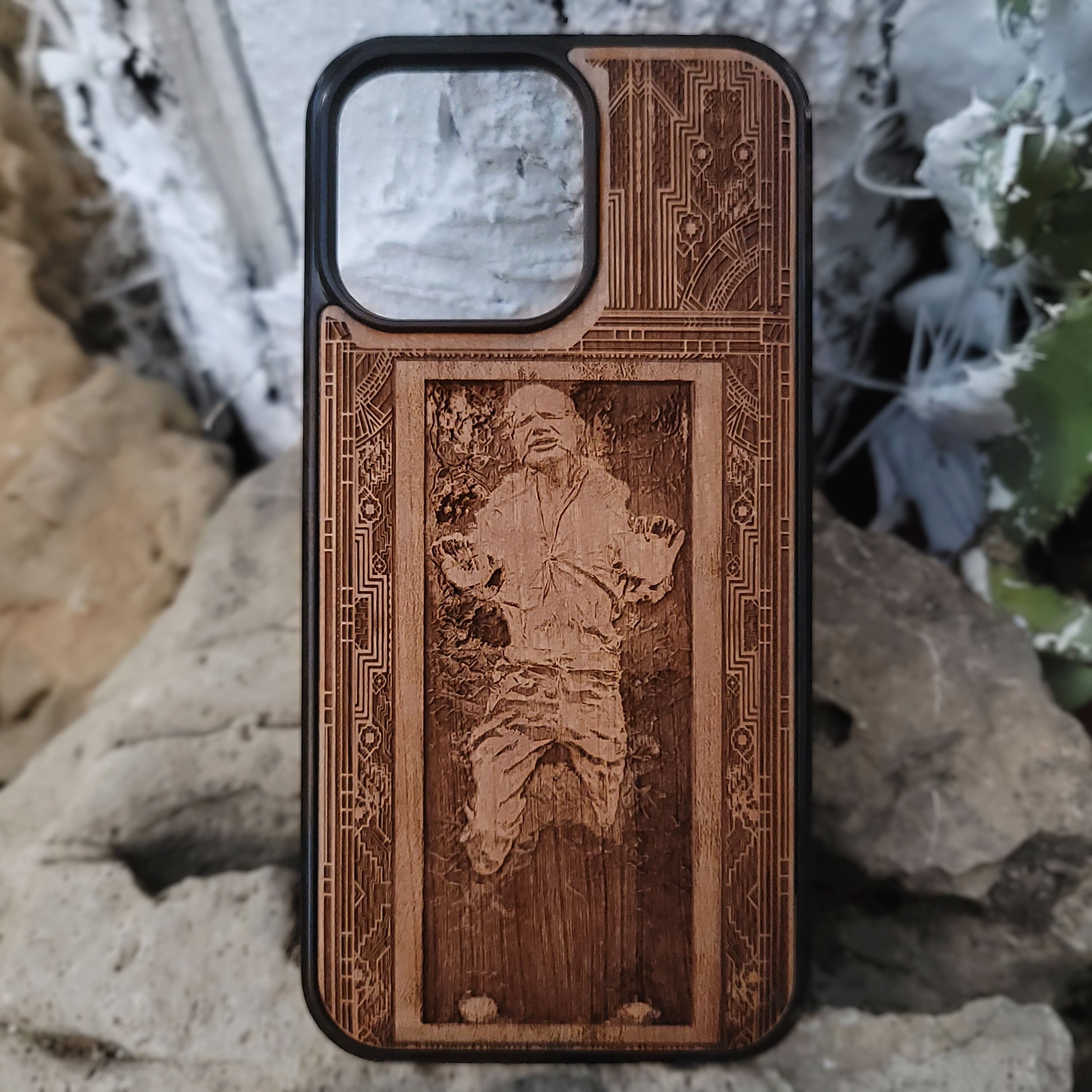 Deep engraved wood phone case with Han Solo from Star Wars, fits iPhone 16 and Galaxy S25