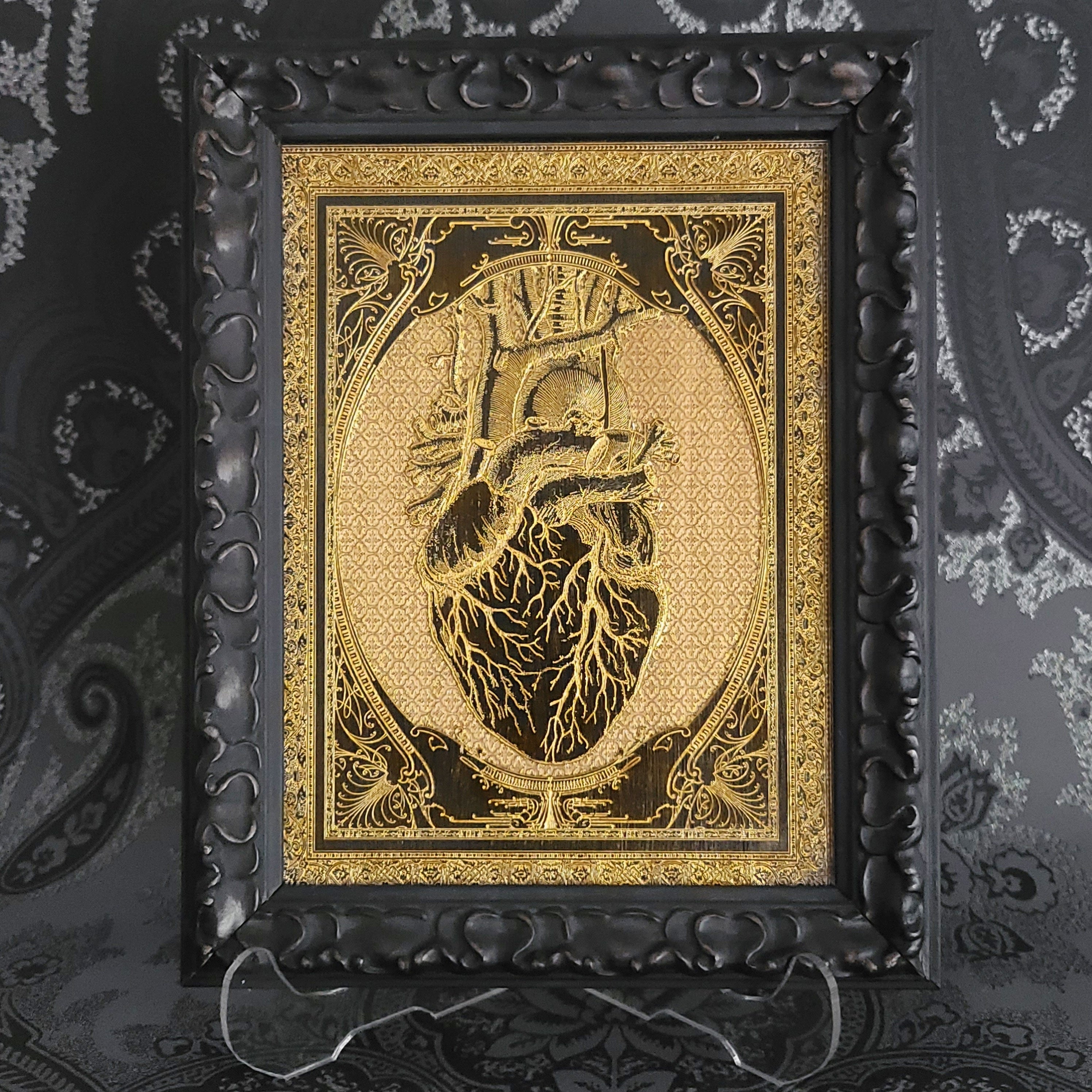 Personalized anatomical heart wall art, black-painted and laser-engraved on maple wood, perfect for anniversaries or medical gifts