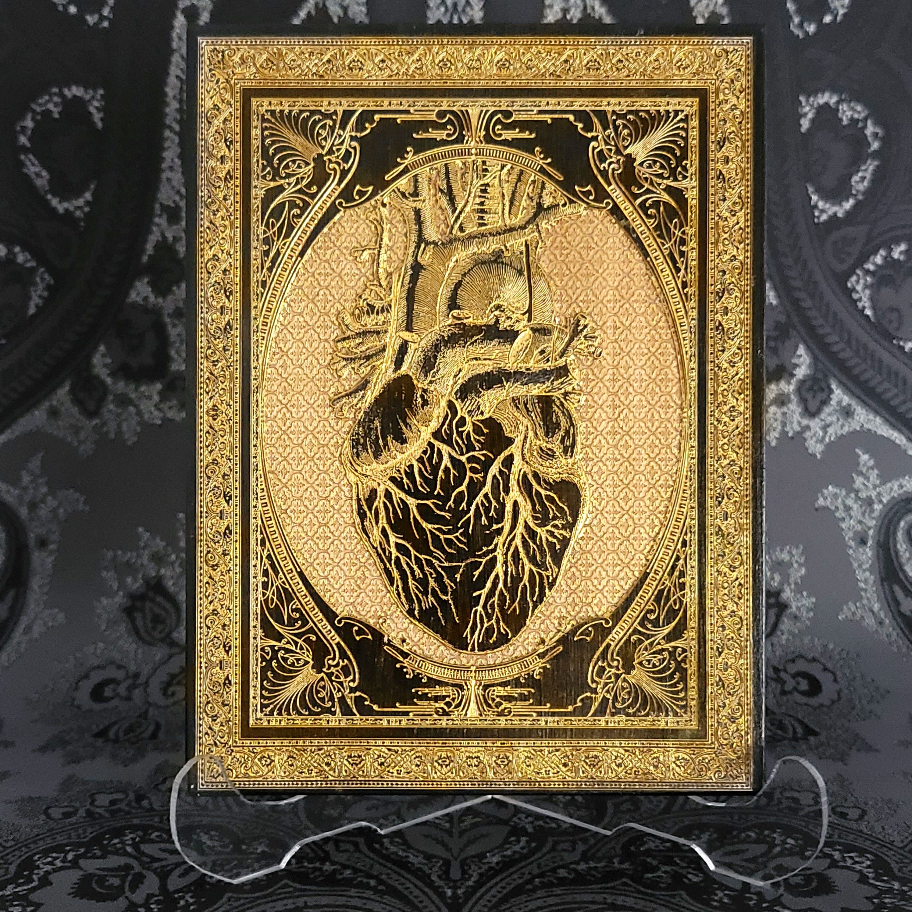 Personalized anatomical heart wall art, black-painted and laser-engraved on maple wood, perfect for anniversaries or medical gifts