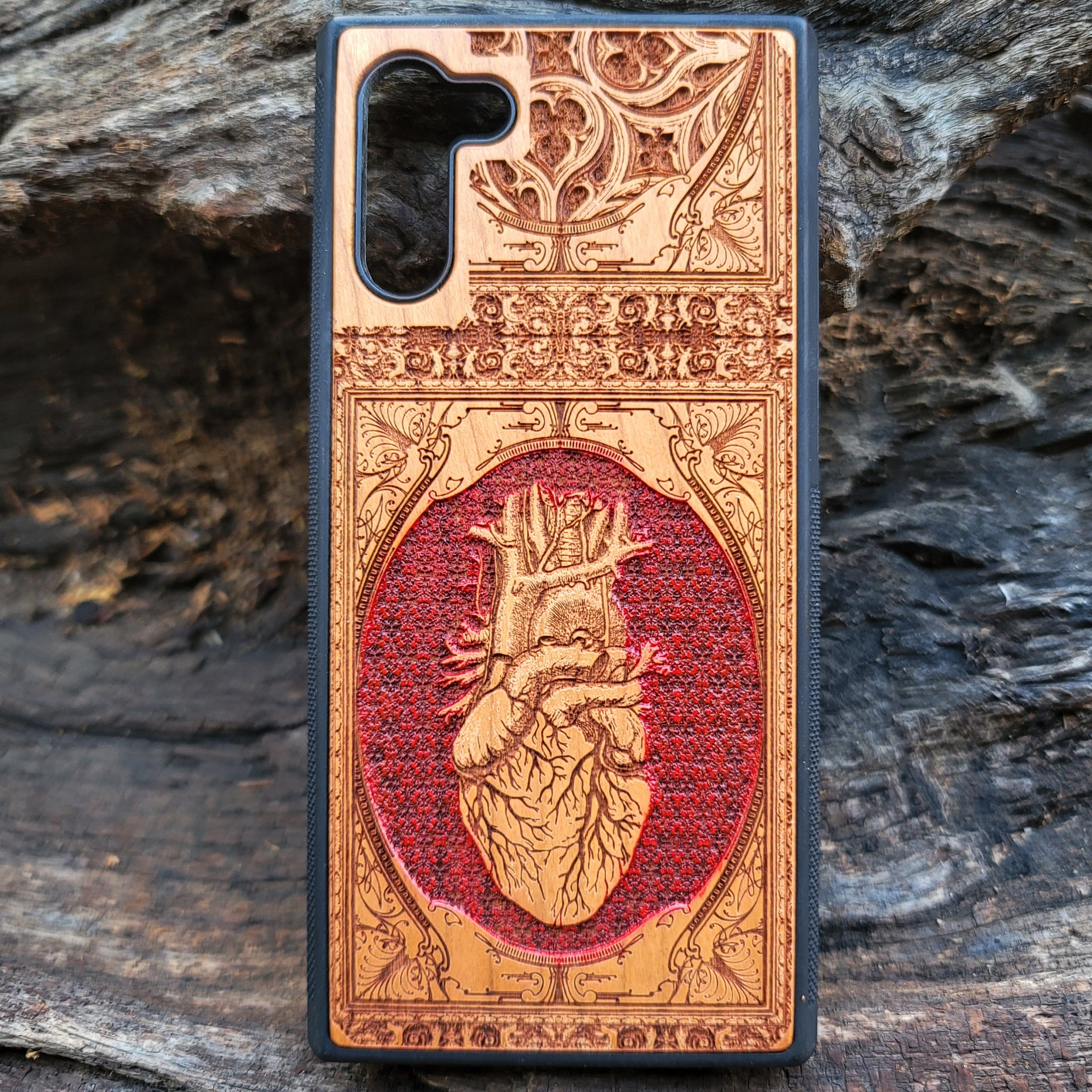 Anatomical heart gothic artwork engraved on a wooden phone case, compatible with iPhone  and Samsung Galaxy