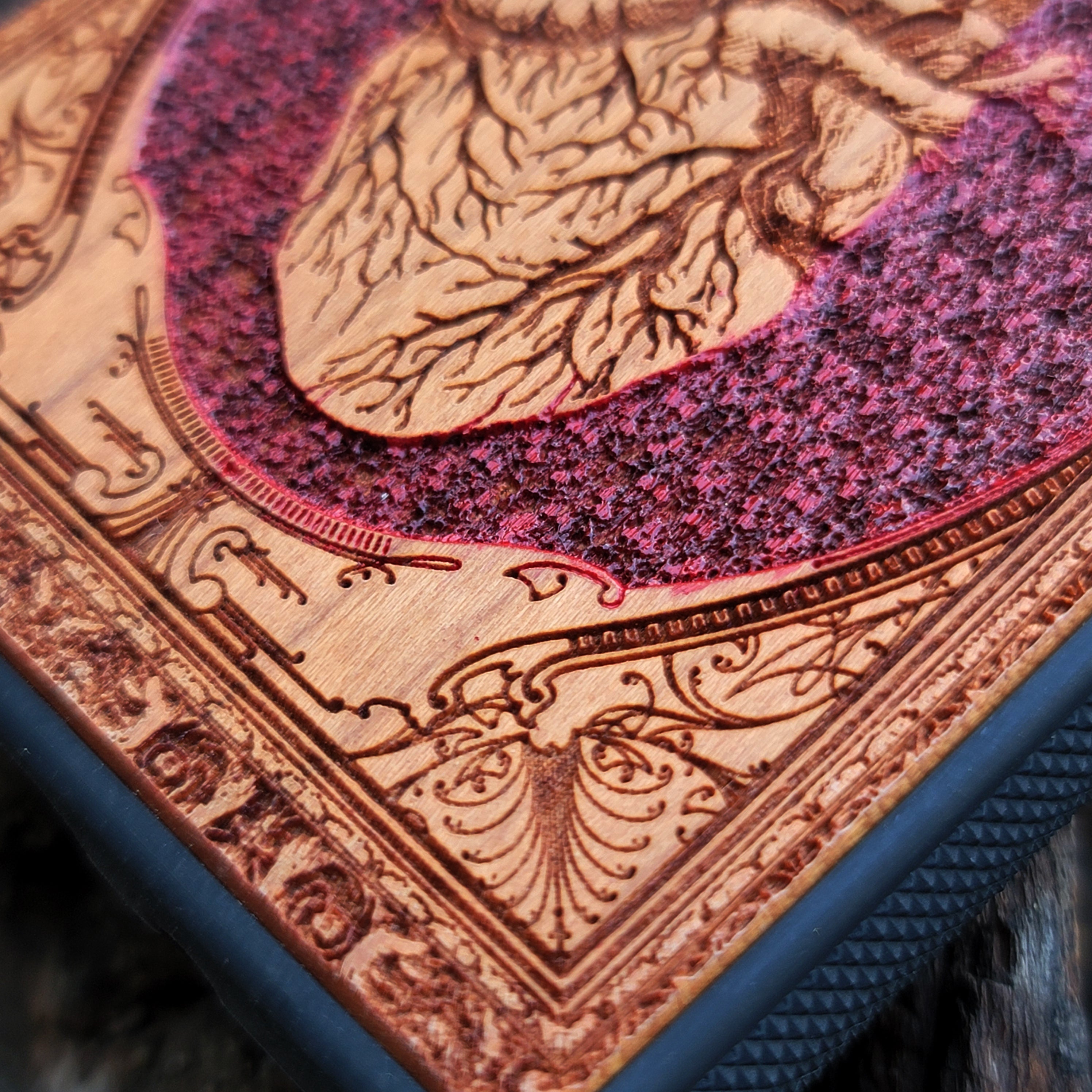 Anatomical heart gothic artwork engraved on a wooden phone case, compatible with iPhone  and Samsung Galaxy