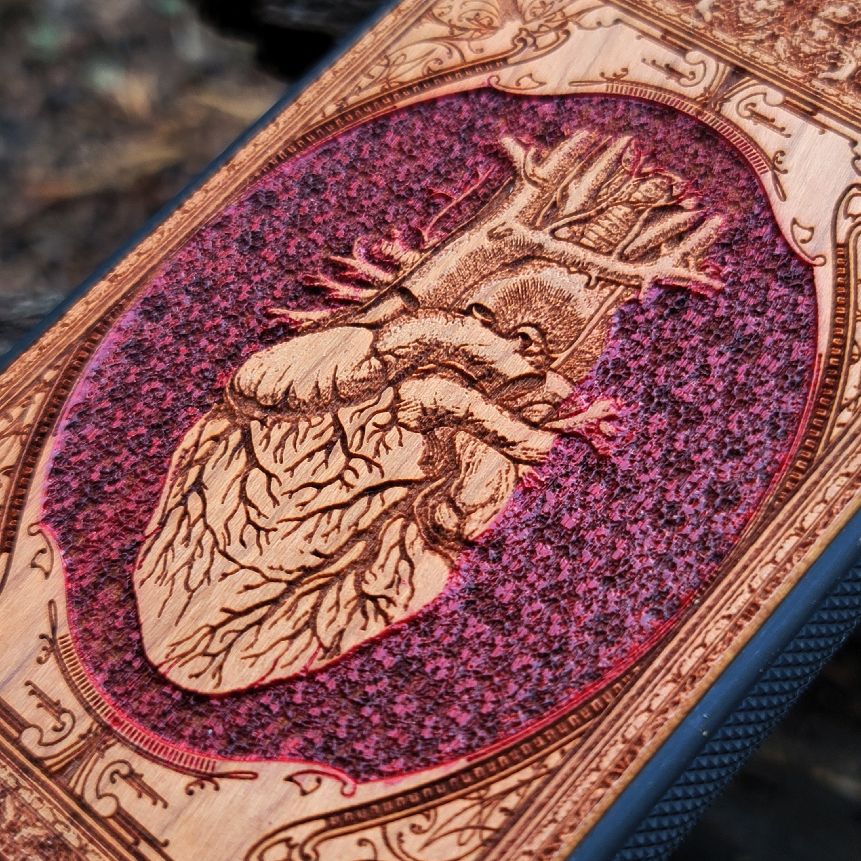 Anatomical heart gothic artwork engraved on a wooden phone case, compatible with iPhone  and Samsung Galaxy